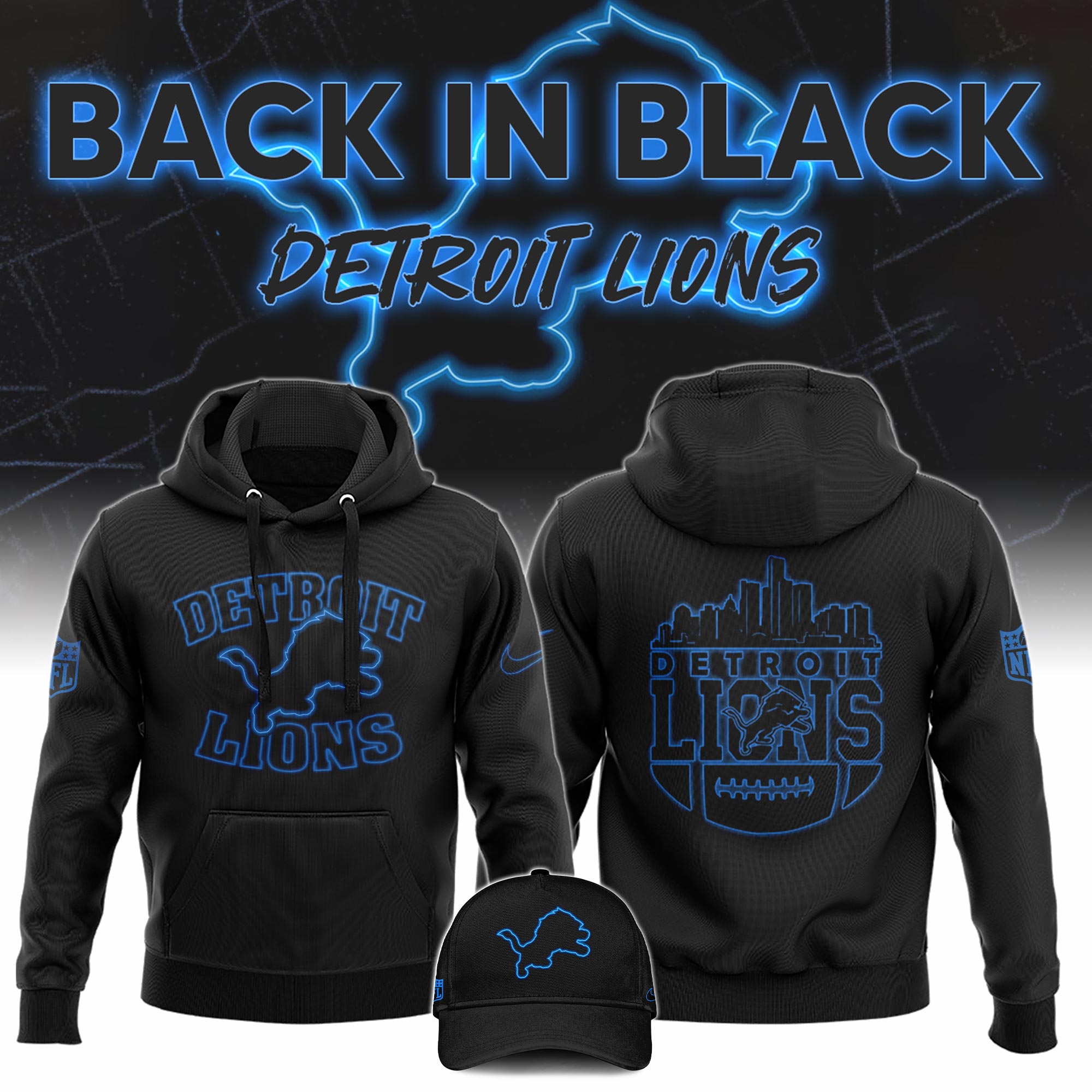 Detrois Lions  Back In Black Hoodie  s V6 