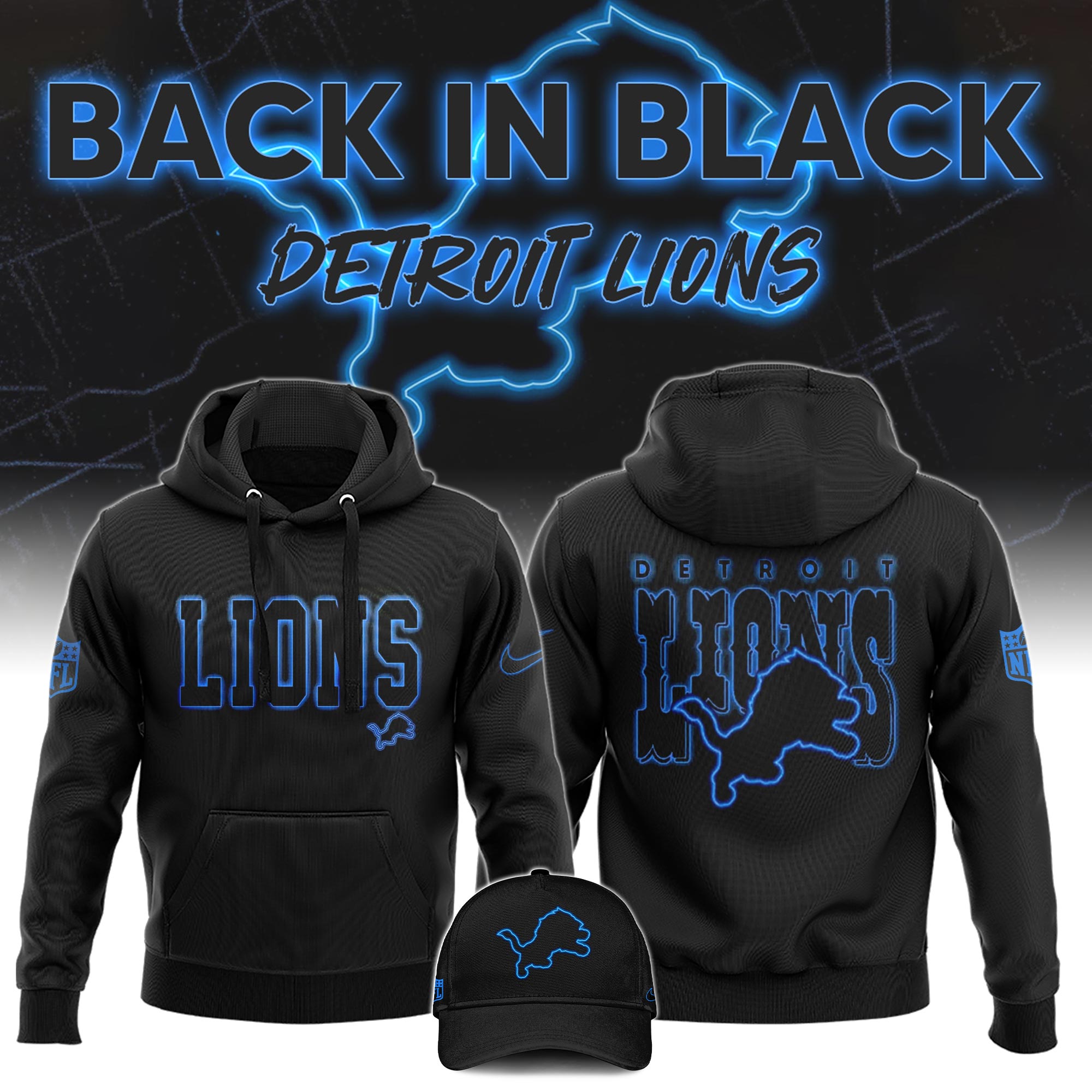 Detrois Lions  Back In Black Hoodie  s V7 