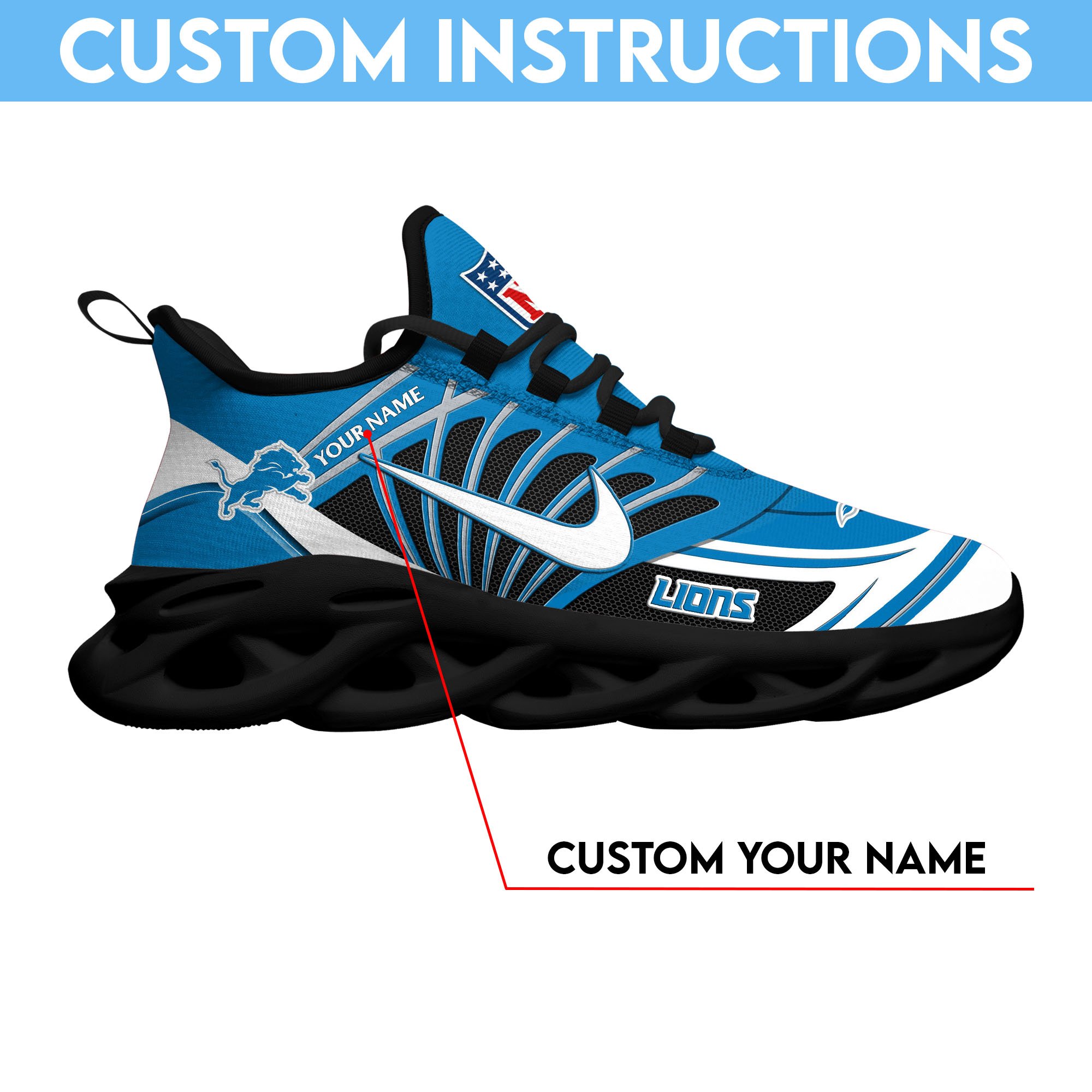 Detroit Lions Black Max Soul Shoes 2025 Versions Custom Name 898