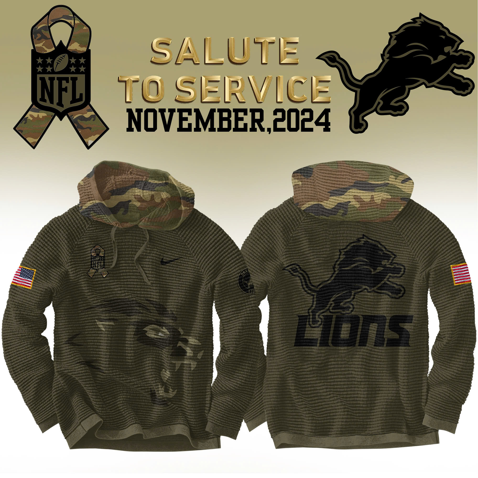 Detroit Lions Camo Salute to Service Waffle Hoodie 