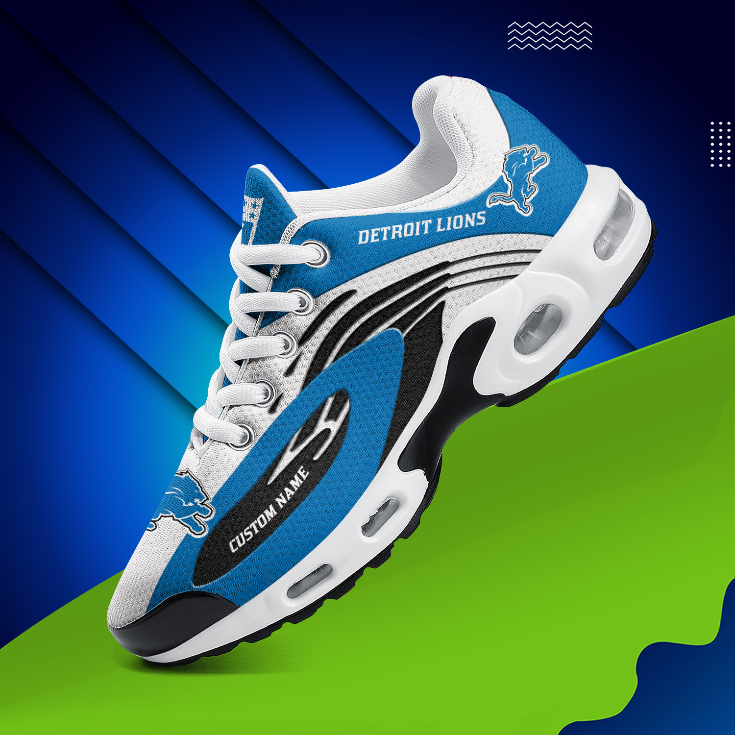 Detroit Lions Personalized Name Team Logo Mix Colors Wave Line TN Shoes Air Cushion Sneakers