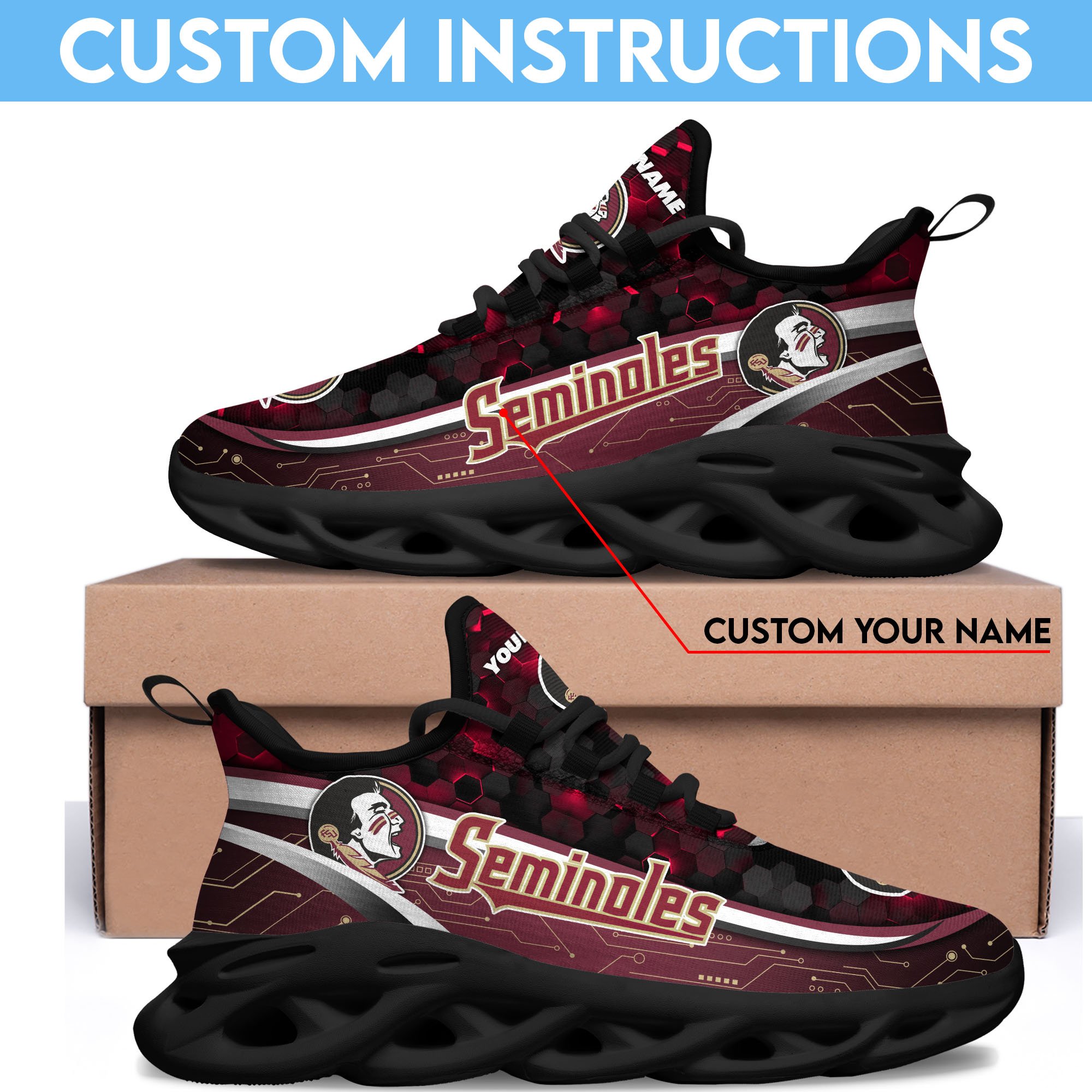 Florida State Seminoles Black Clunky Sneakers Custom Name, Max Soul Shoes, Sport Gifts
