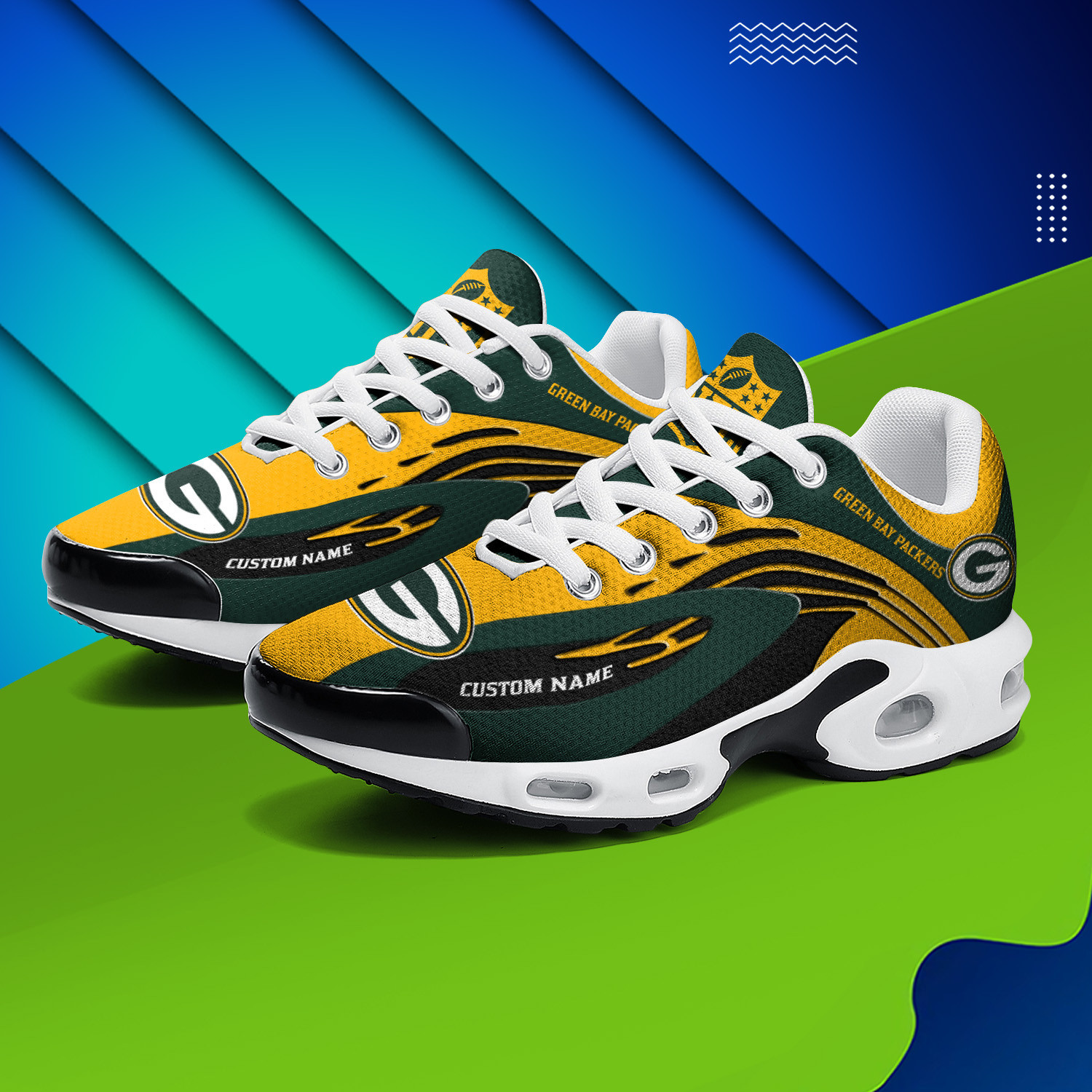 Green Bay Packers Personalized Name Team Logo Mix Colors Wave Line TN Air Max Shoes Air Cushion Sneakers