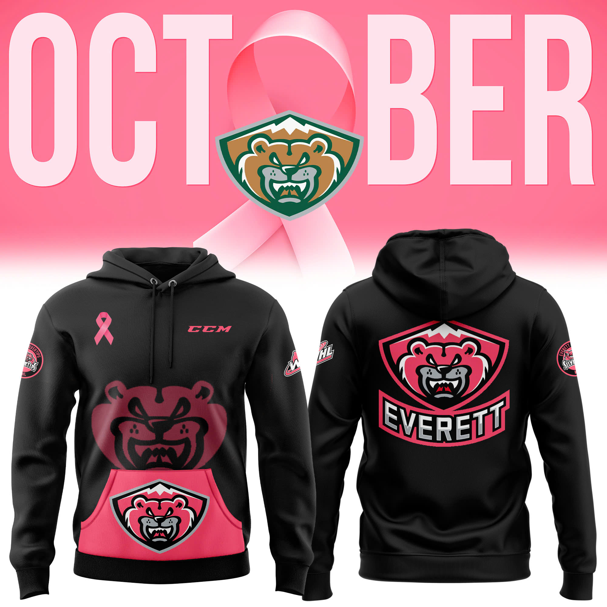 Hoodie Cancer Awareness Everett Silvertips 2024 