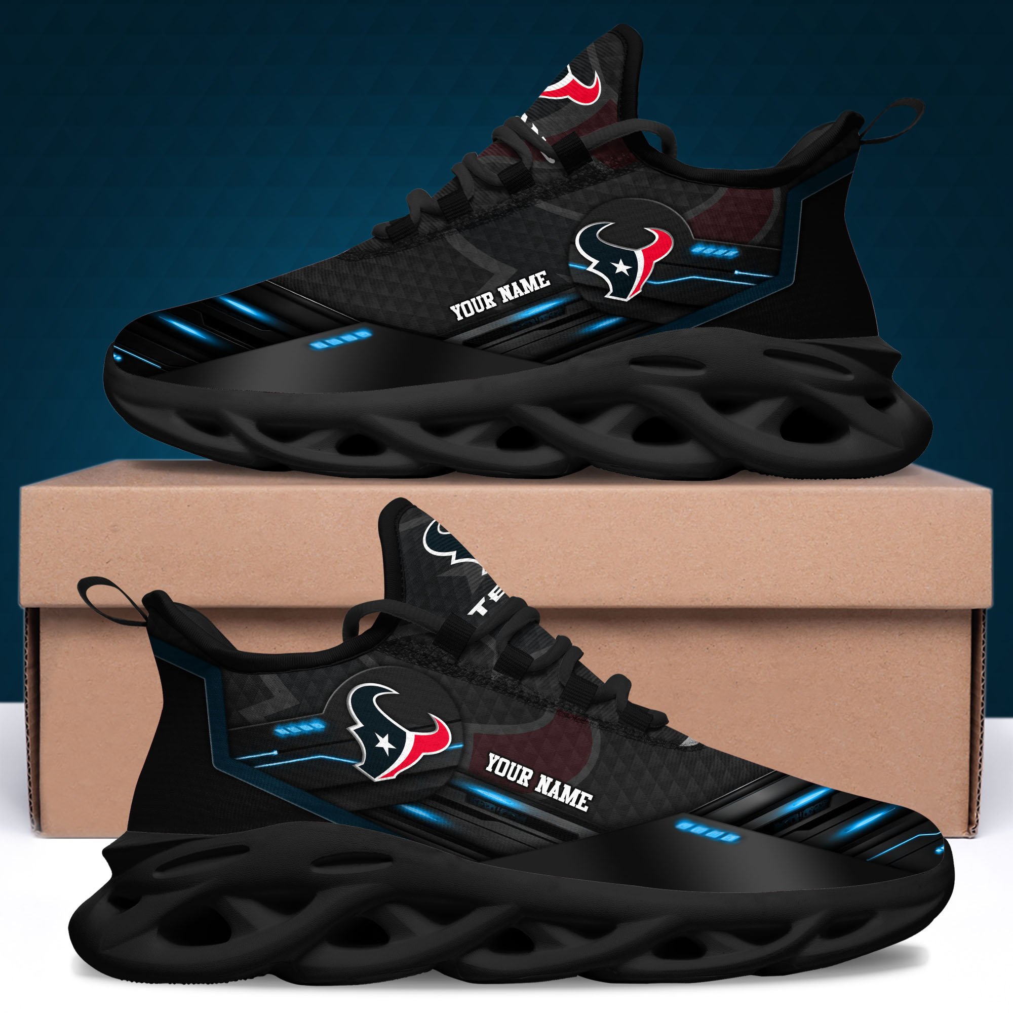 Houston Texans Black Clunky Sneaker Custom Name, Max Soul Shoes, Sport Gifts For Fan