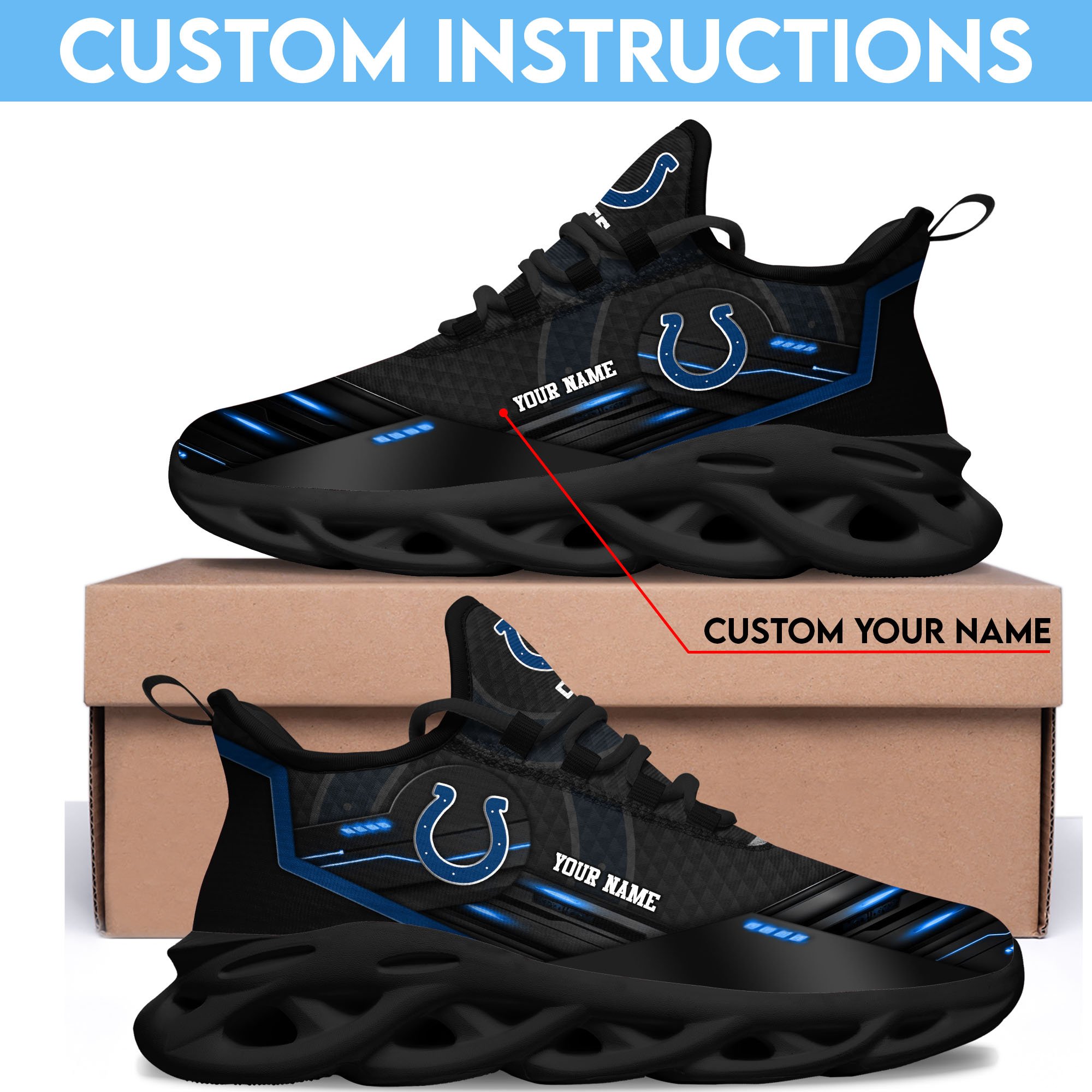 Indianapolis Colts Black Clunky Sneaker Custom Name, Max Soul Shoes, Sport Gifts For Fan