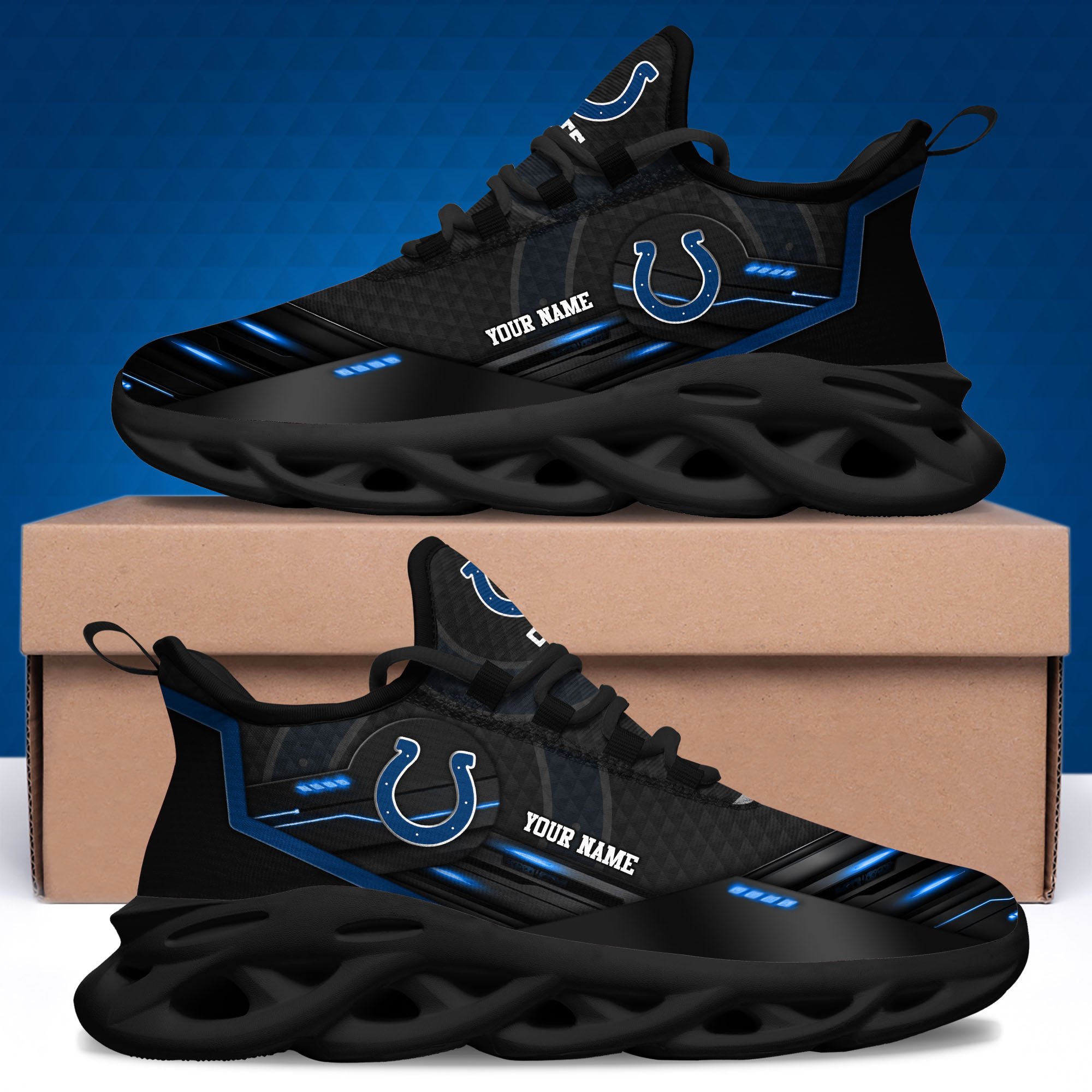 Indianapolis Colts Black Clunky Sneaker Custom Name, Max Soul Shoes, Sport Gifts For Fan