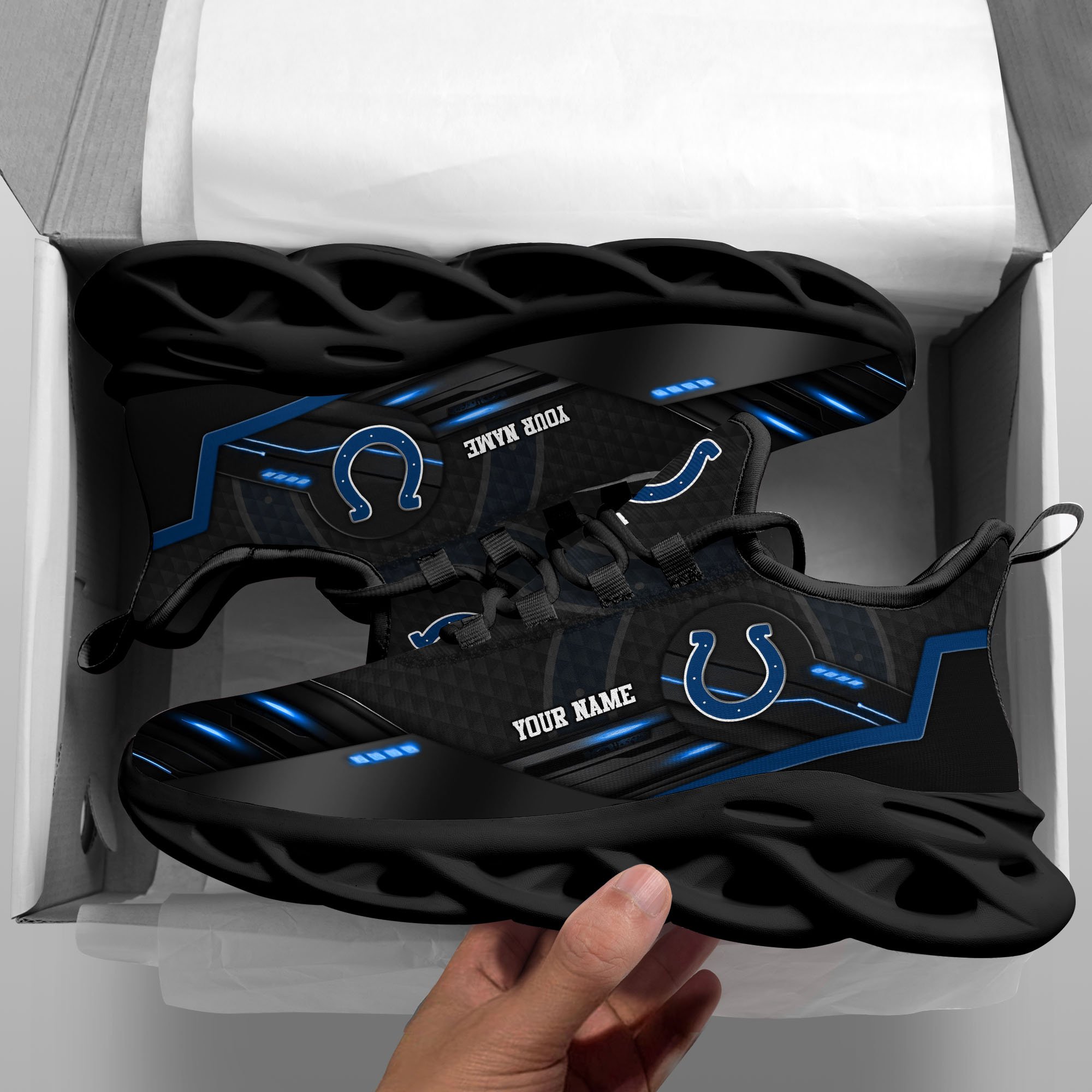 Indianapolis Colts Black Clunky Sneaker Custom Name, Max Soul Shoes, Sport Gifts For Fan