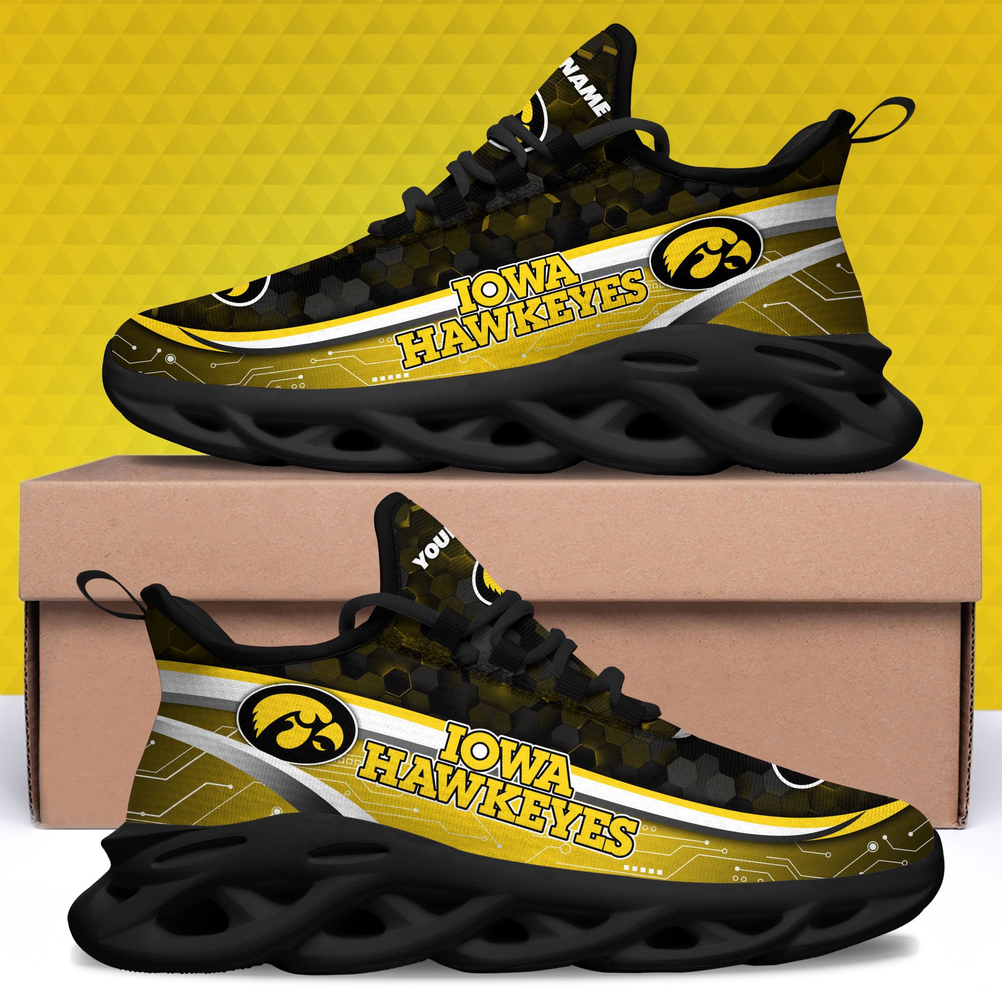 Iowa Hawkeyes Black Clunky Sneakers Custom Name, Max Soul Shoes, Sport Gifts