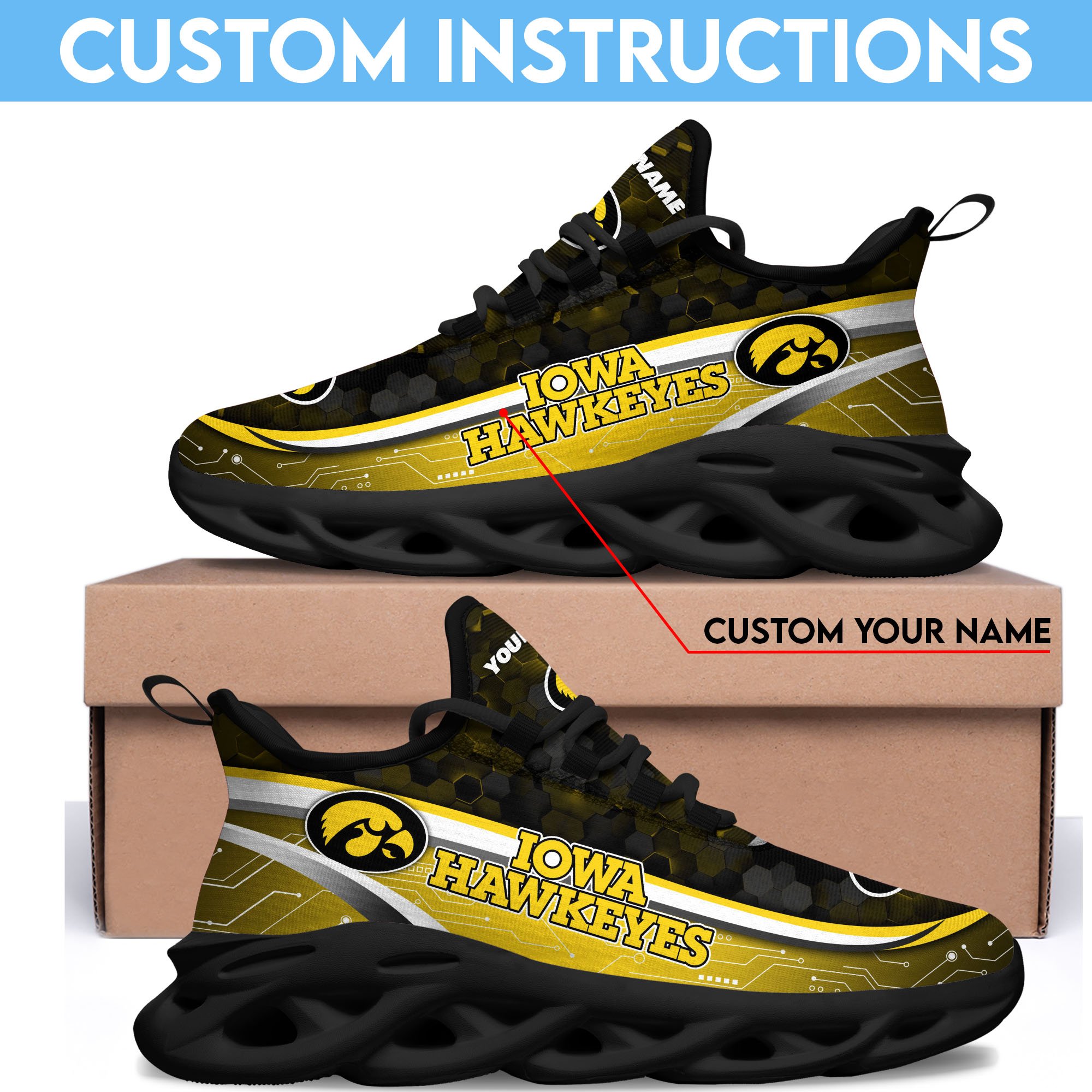 Iowa Hawkeyes Black Clunky Sneakers Custom Name, Max Soul Shoes, Sport Gifts