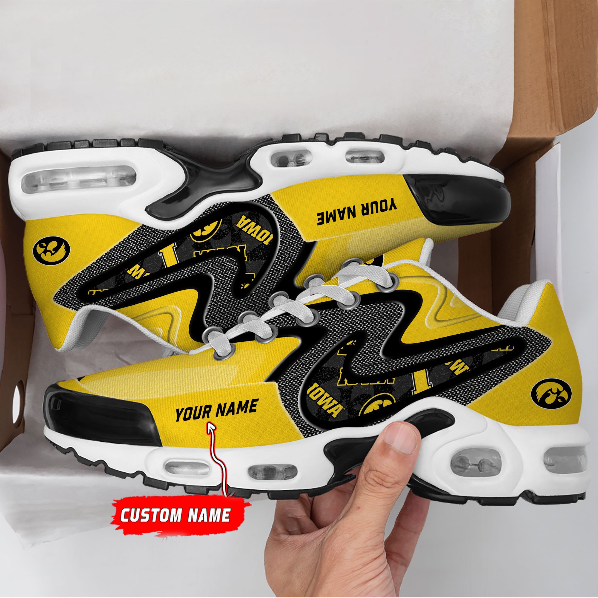 Iowa Hawkeyes Personalized Name Team Checkmark Logo Mix Colors Stitch Line TN Shoes Air Cushion Sneakers
