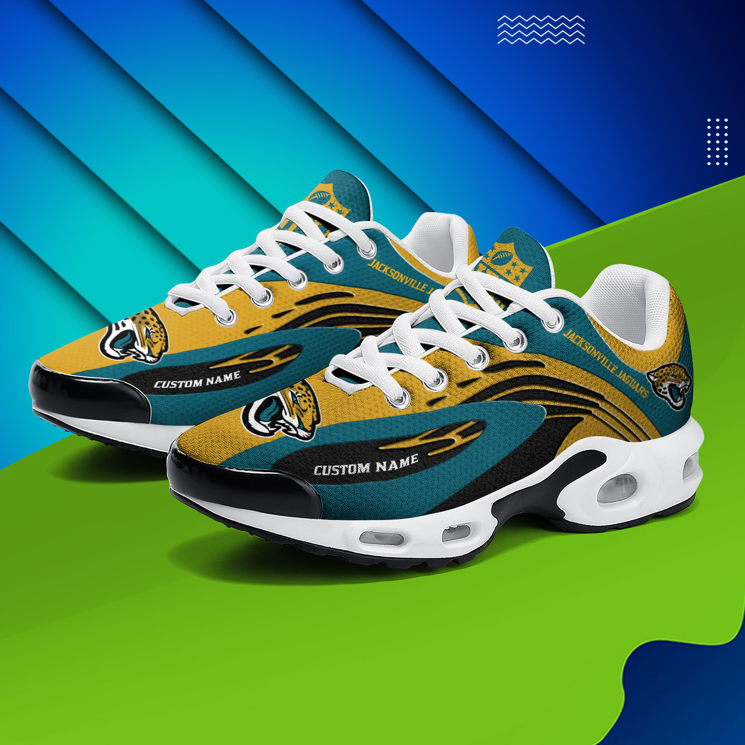 Jacksonville Jaguars Personalized Name Team Logo Mix Colors Wave Line TN Air Max Shoes Air Cushion Sneakers