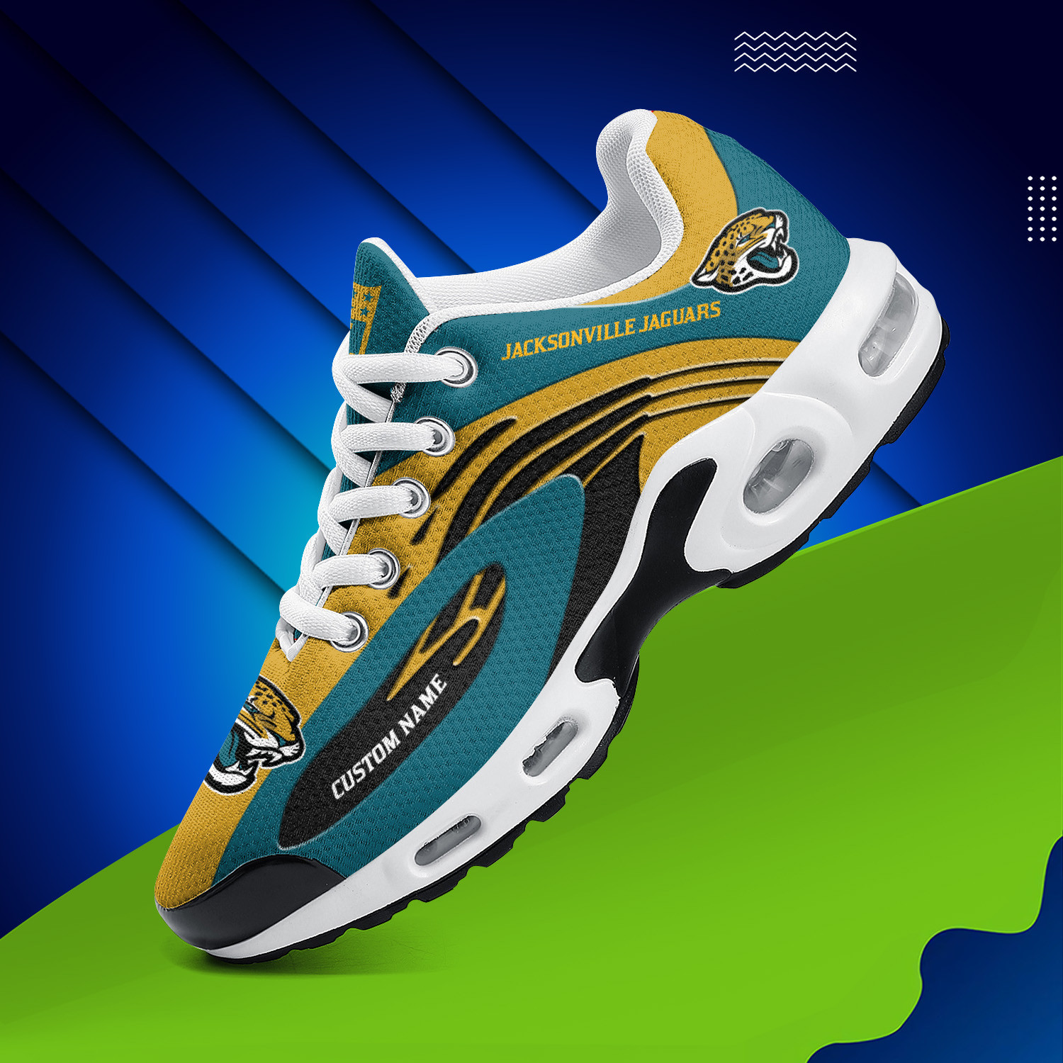 Jacksonville Jaguars Personalized Name Team Logo Mix Colors Wave Line TN Air Max Shoes Air Cushion Sneakers