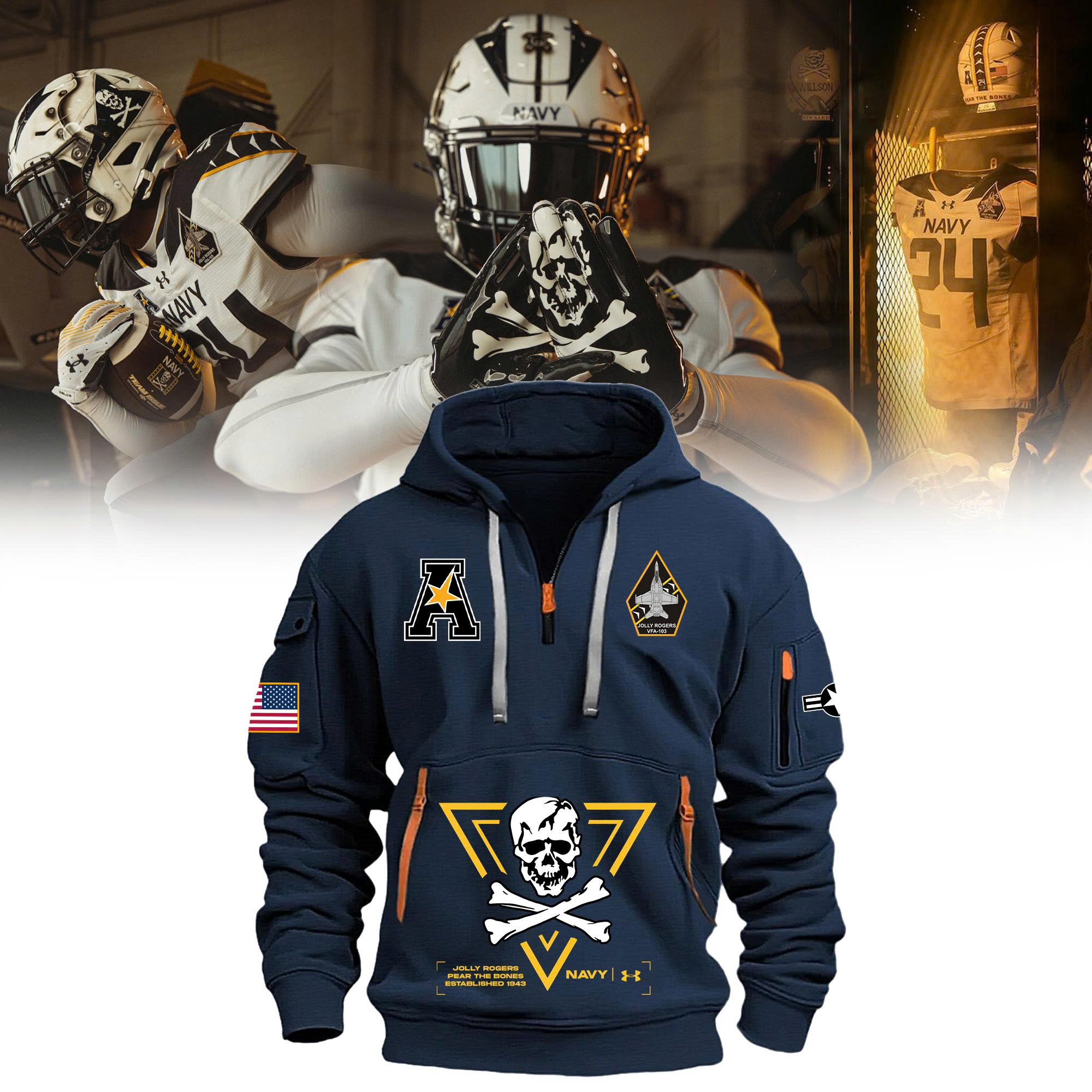 Jolly Rogers Navy Midshipmen football Hoodie v1 