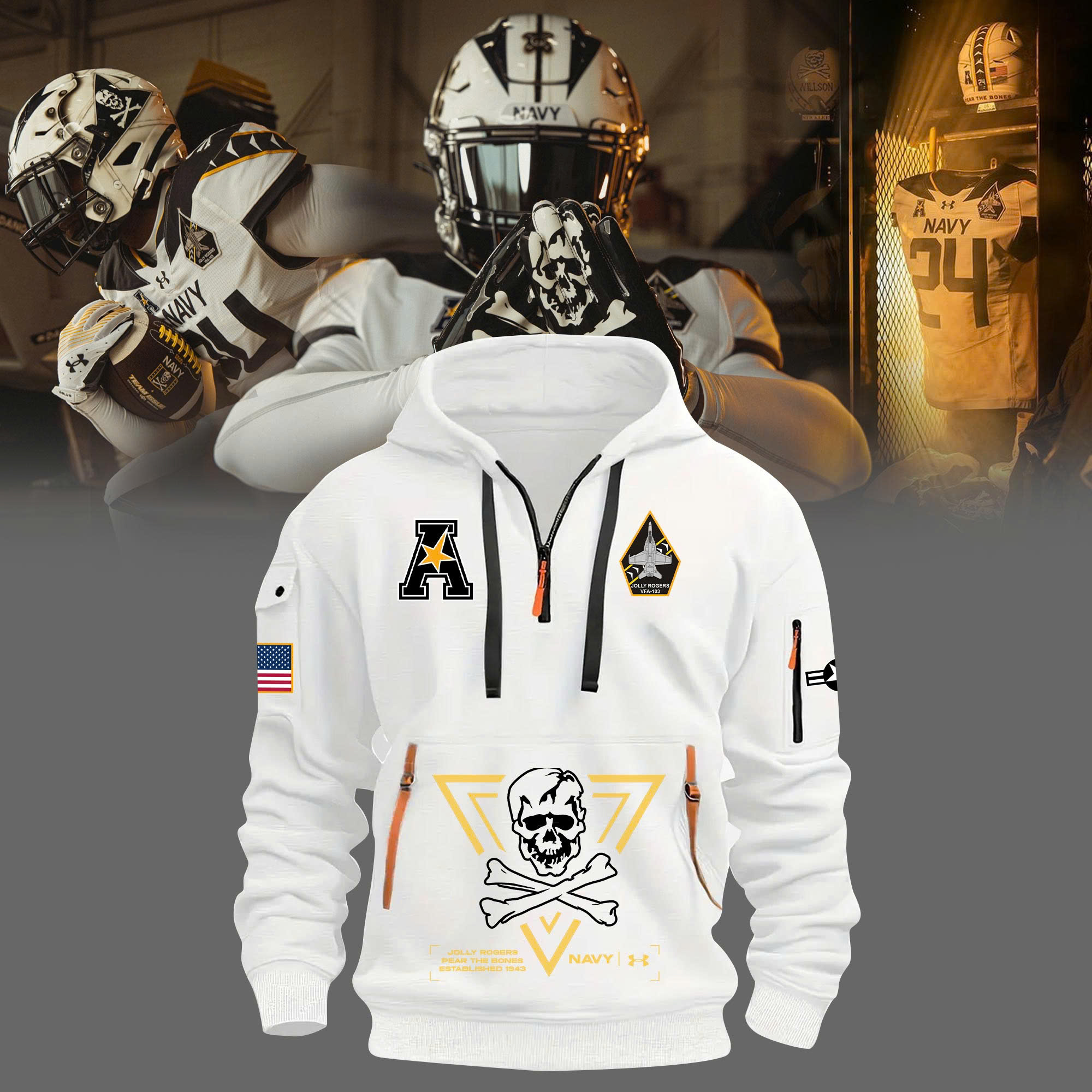 Jolly Rogers Navy Midshipmen football Hoodie v2 