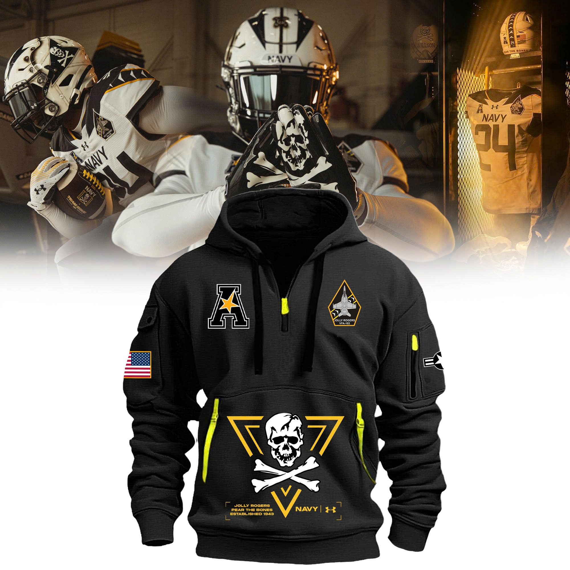 Jolly Rogers Navy Midshipmen football Hoodie v3 