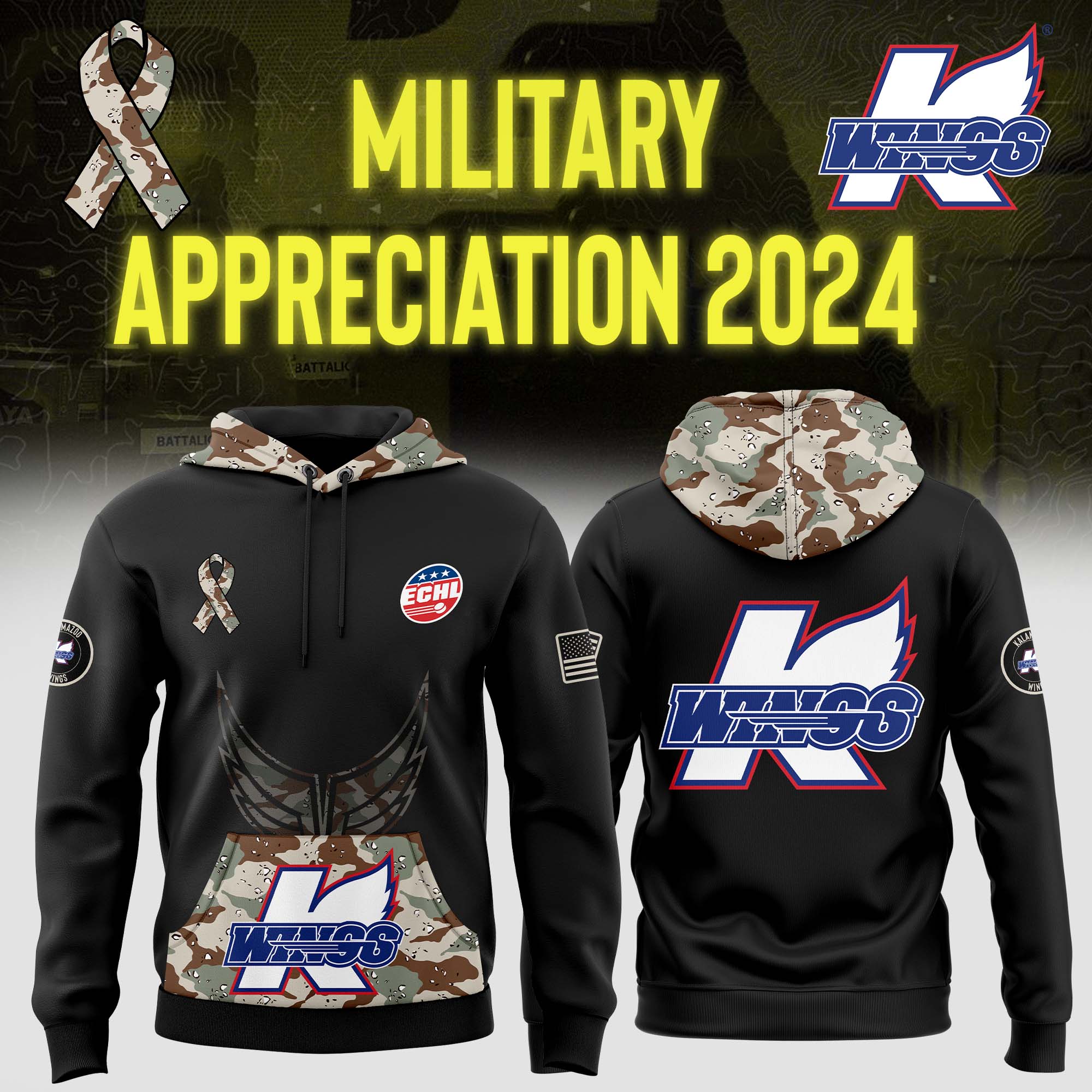 Kalamazoo Wings Arctic Camo Salute to Service Club Fleece Pullover Hoodie 