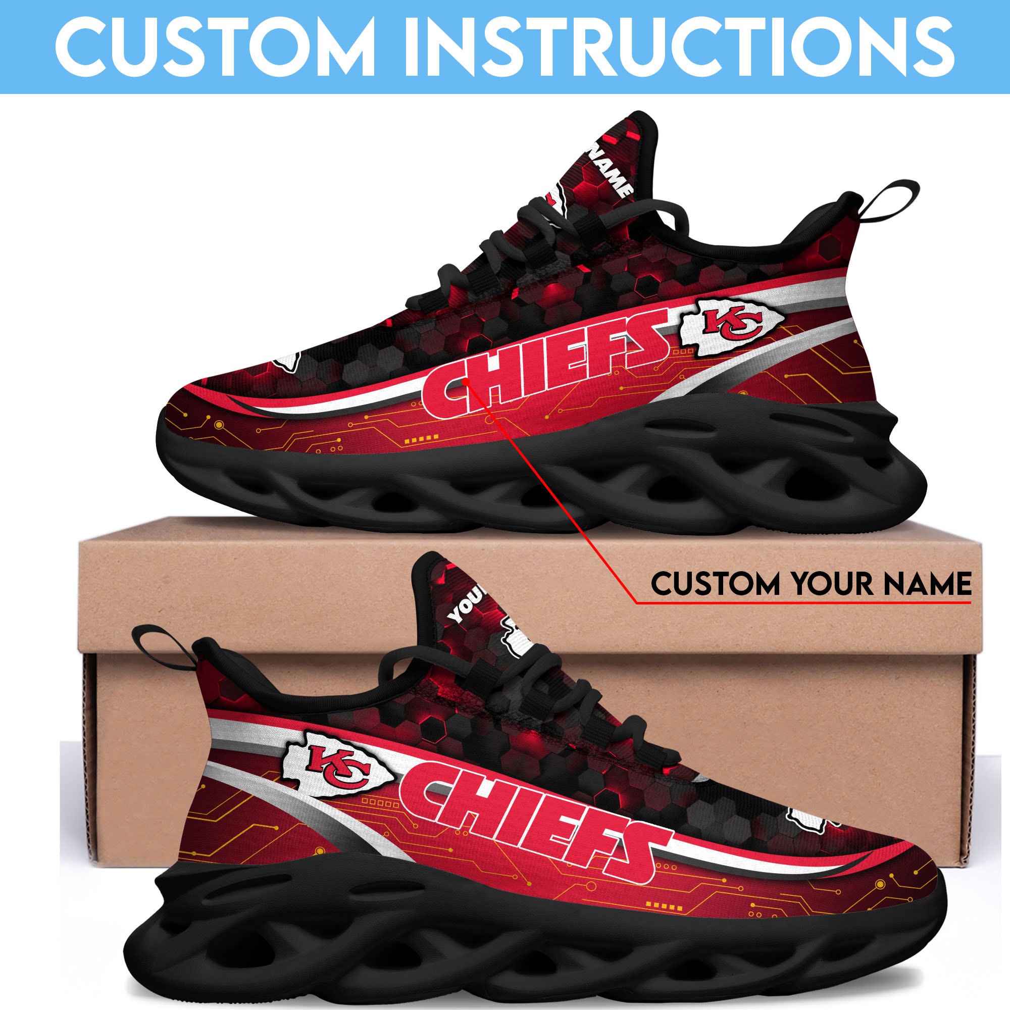 Kansas City Chiefs Black Clunky Sneakers Custom Name, Max Soul Shoes, Sport Gifts