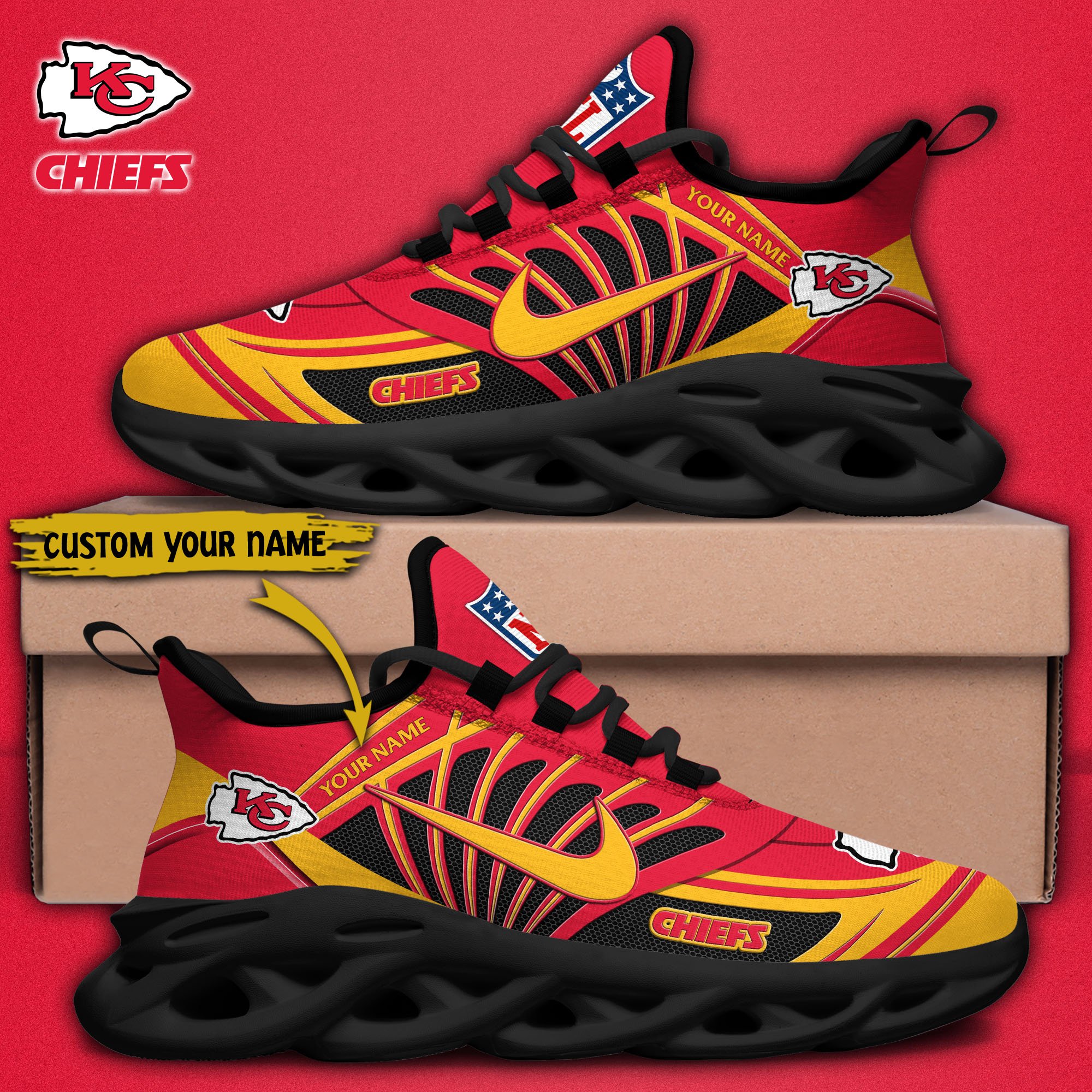 Kansas City Chiefs Black Max Soul Shoes 2025 Versions Custom Name 898