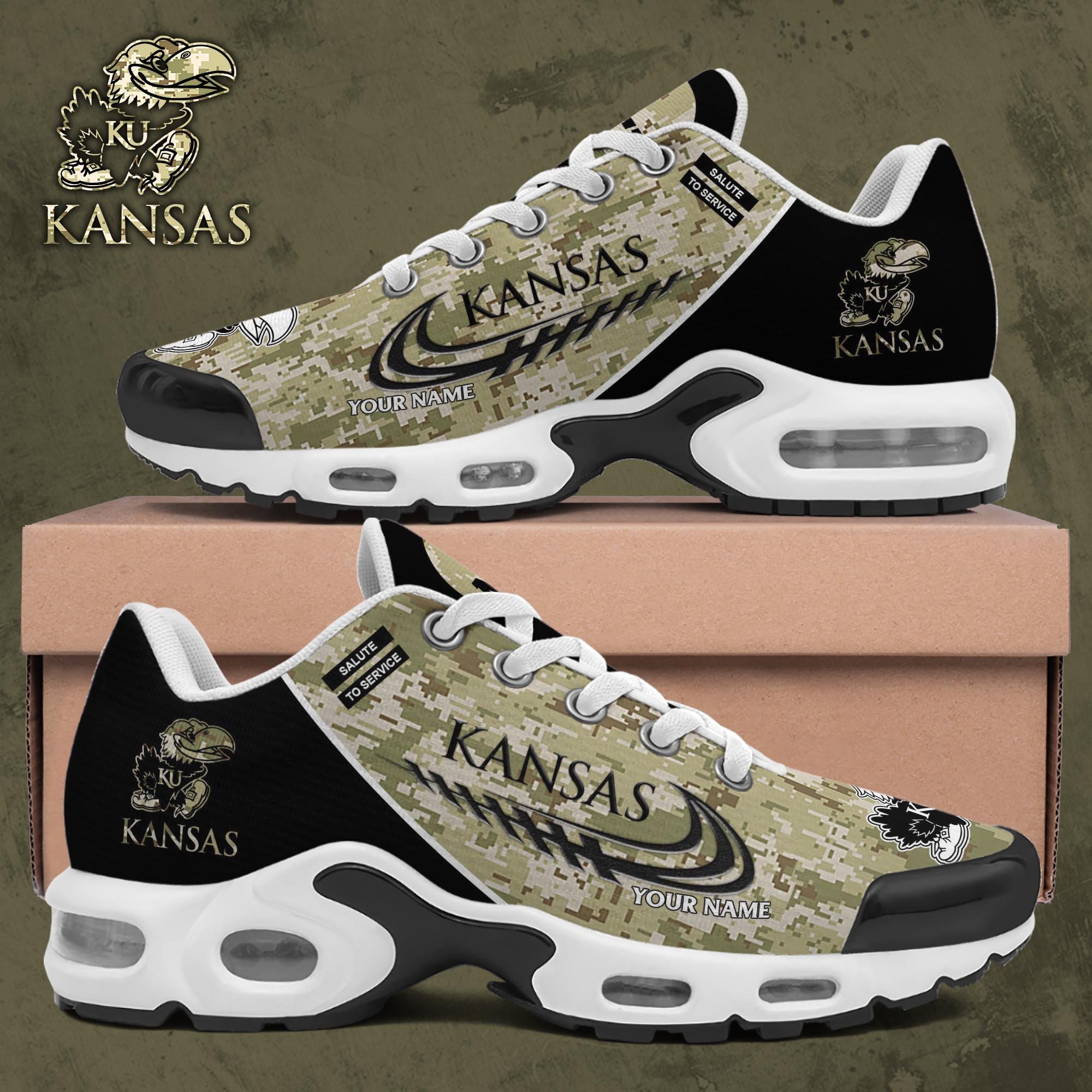 Kansas Jayhawks TN Shoes 2025 Version Custom Name, Camouflage Shoes, Gifts For Football Lovers PH636