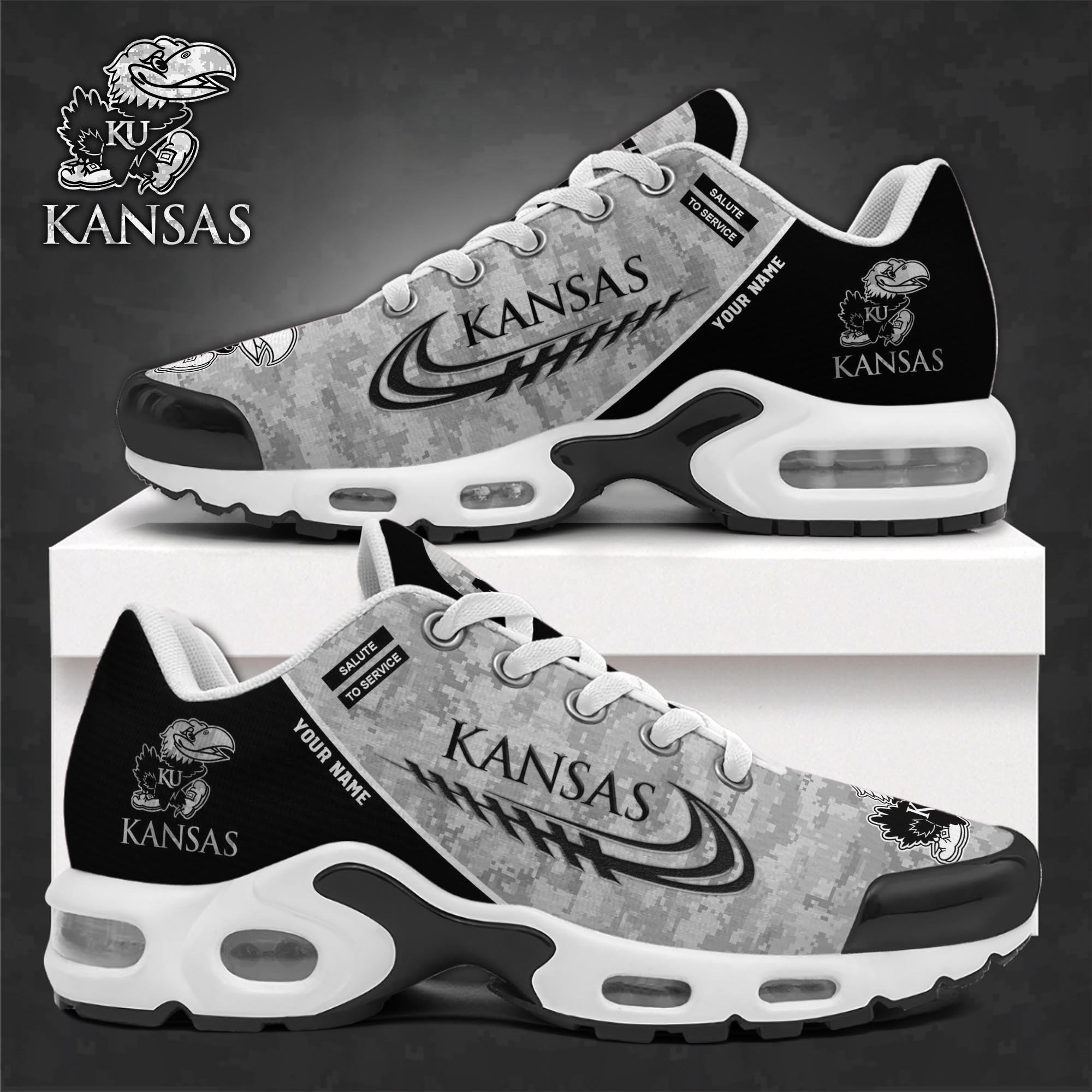 Kansas Jayhawks TN Shoes 2025 Version Custom Name, Camouflage Shoes   PH585