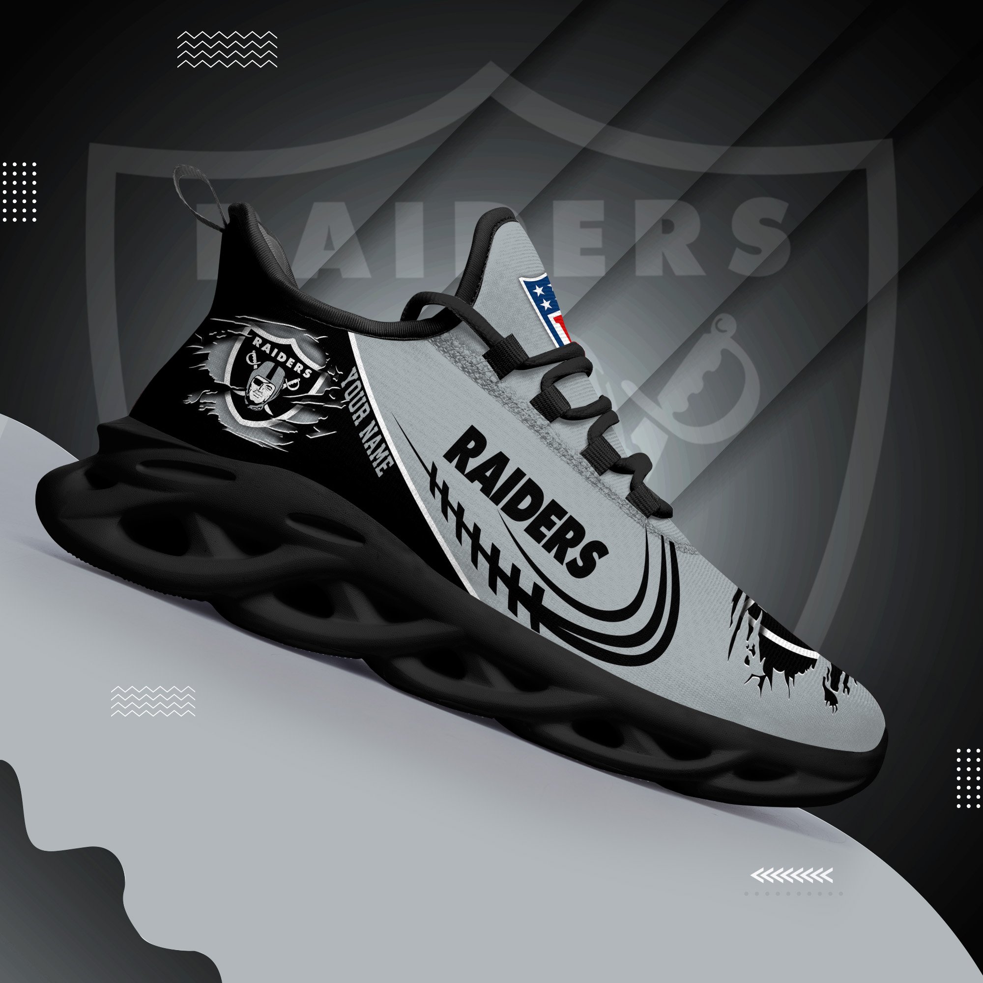 Las Vegas Raiders Black Max Soul Shoes 2025 Versions Custom Name 003