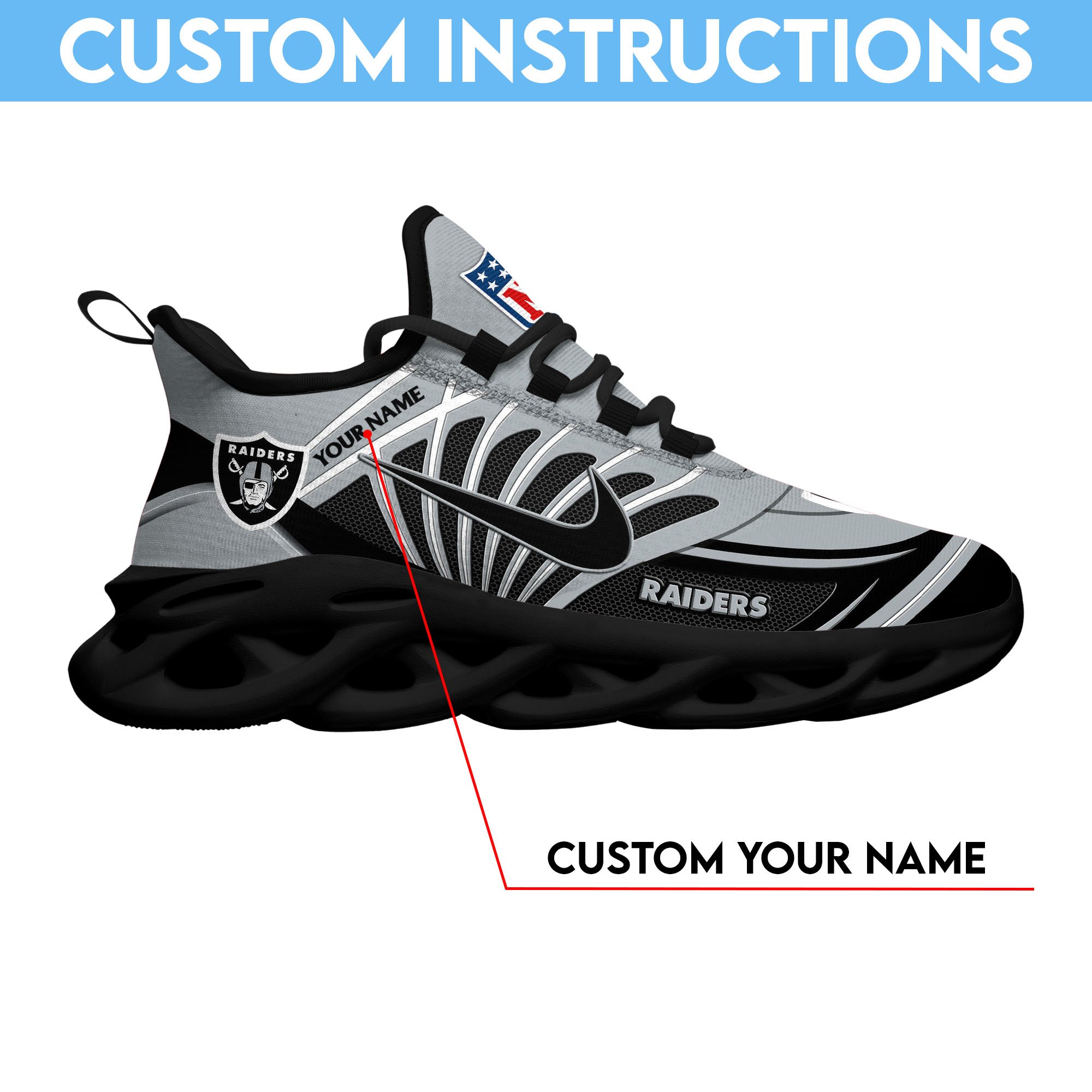 Las Vegas Raiders Black Max Soul Shoes 2025 Versions Custom Name 898