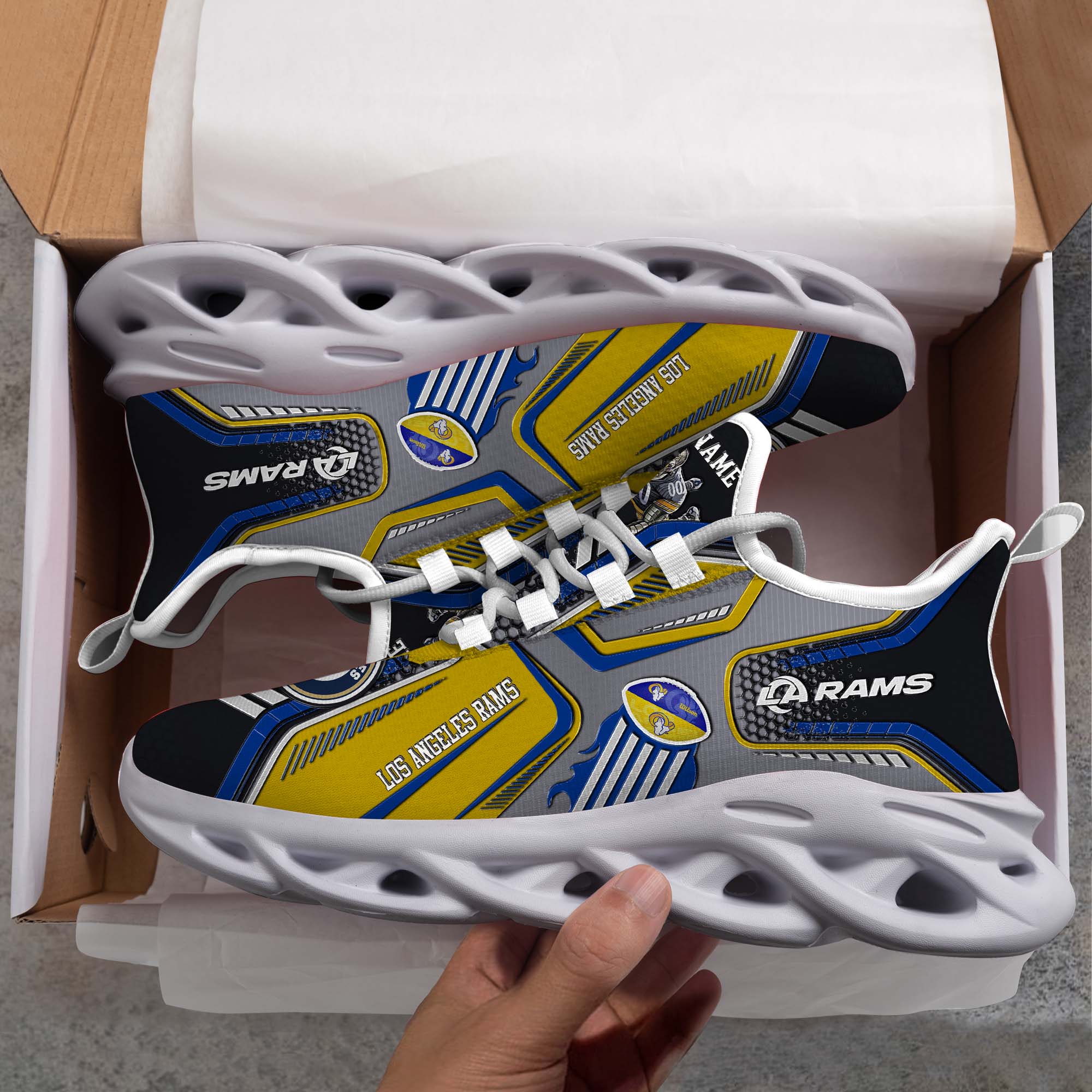 Los Angeles Rams White C Sneakers 2025 Version Personalized Your Name, Sport Sneakers , Sport Gifts PH605