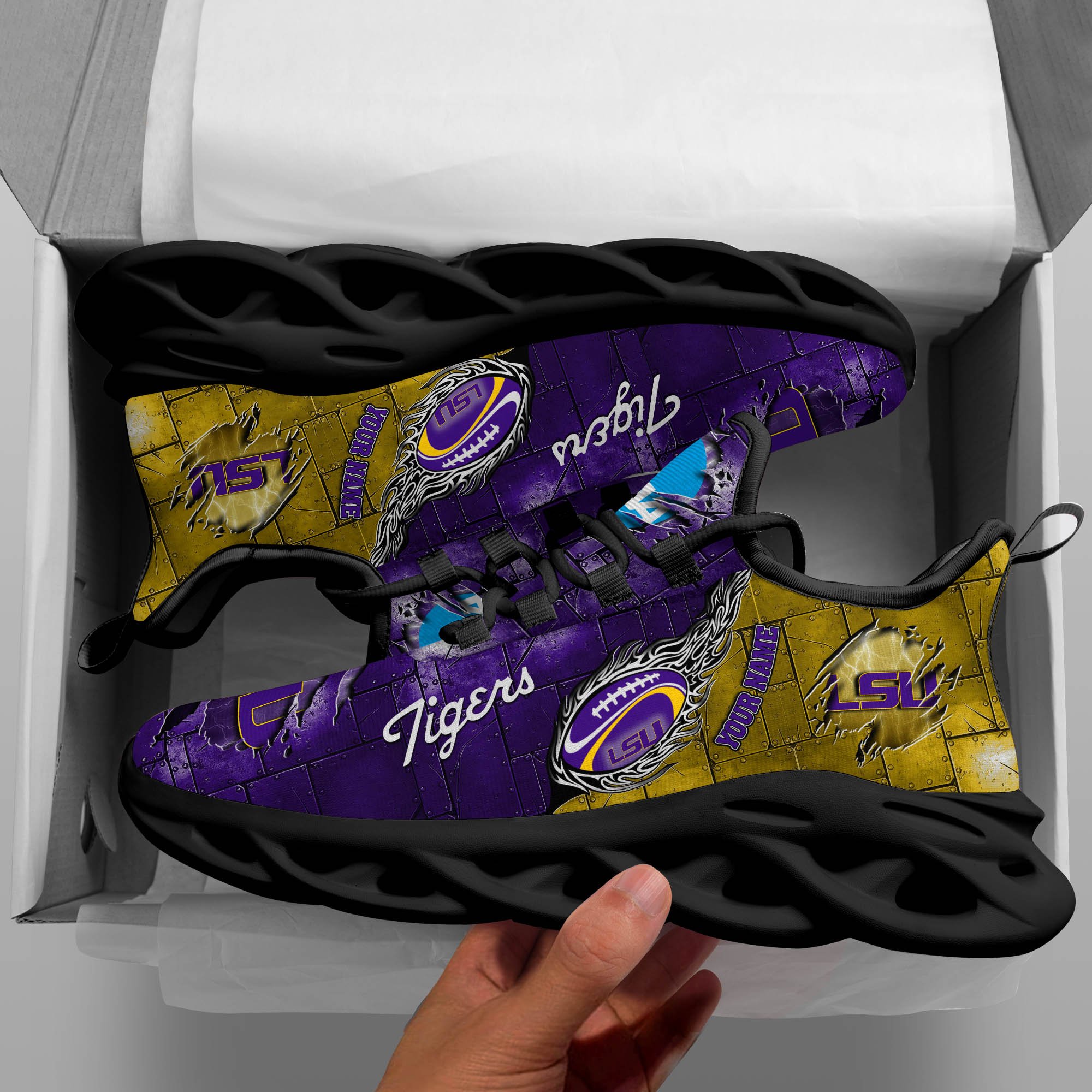 LSU TIGERS Black Max Soul Shoes 2025 Versions, White Max Soul Shoes Custom Your Name PH879