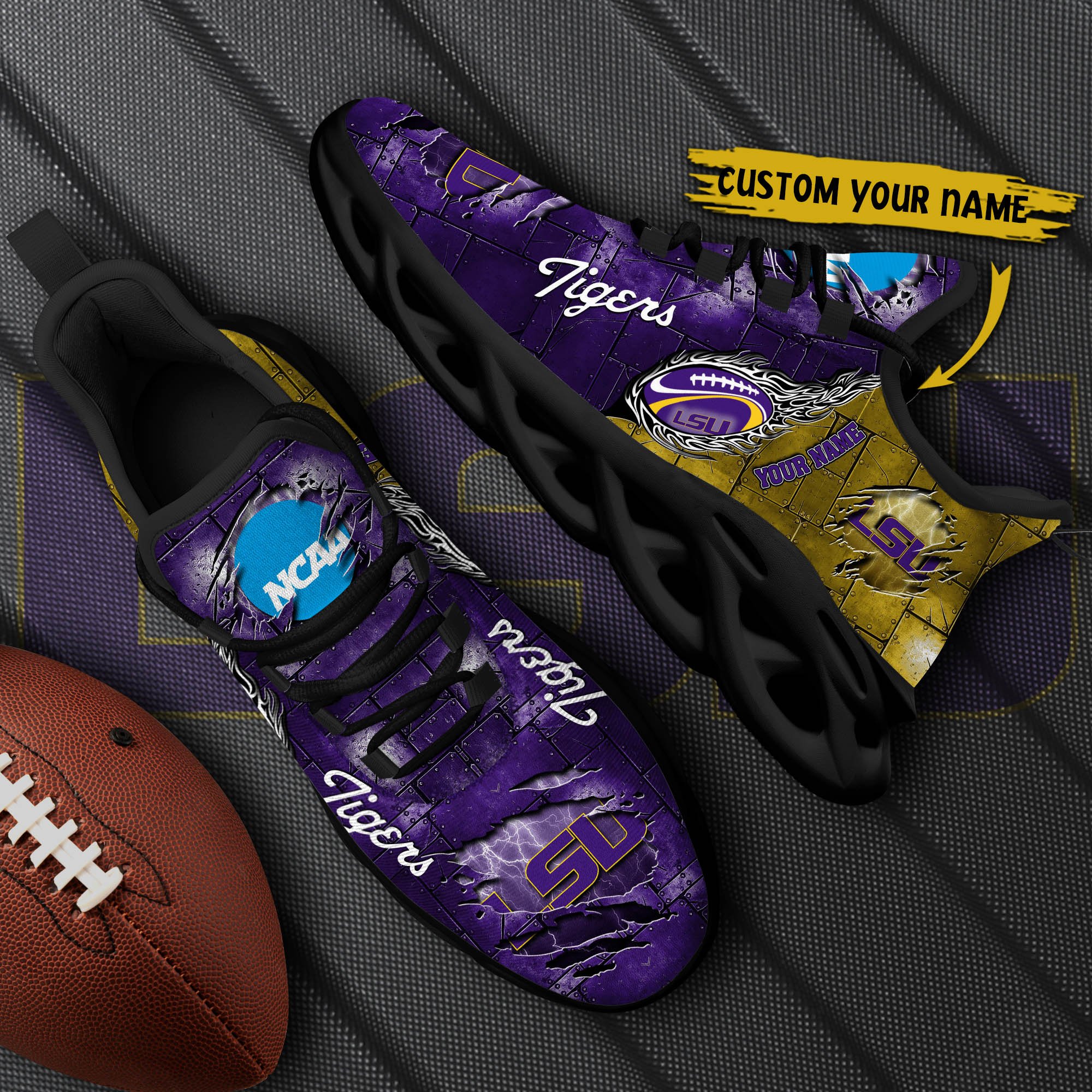 LSU TIGERS Black Max Soul Shoes 2025 Versions, White Max Soul Shoes Custom Your Name PH879