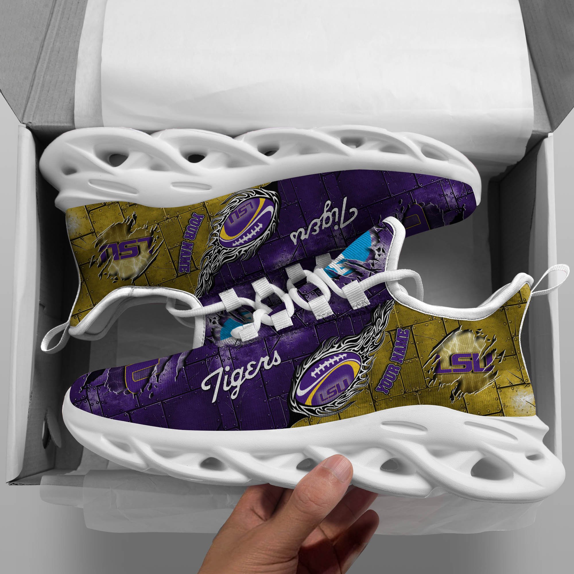 LSU TIGERS Black Max Soul Shoes 2025 Versions, White Max Soul Shoes Custom Your Name PH879