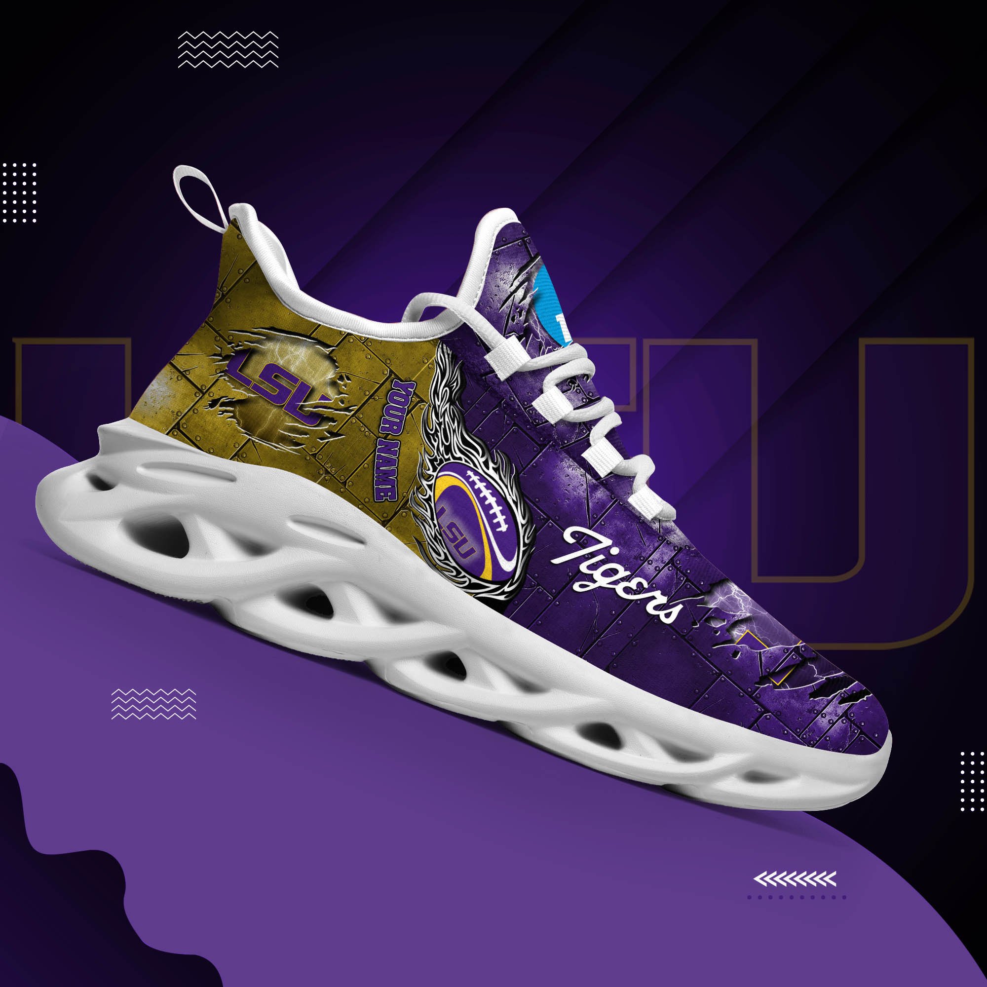LSU TIGERS Black Max Soul Shoes 2025 Versions, White Max Soul Shoes Custom Your Name PH879