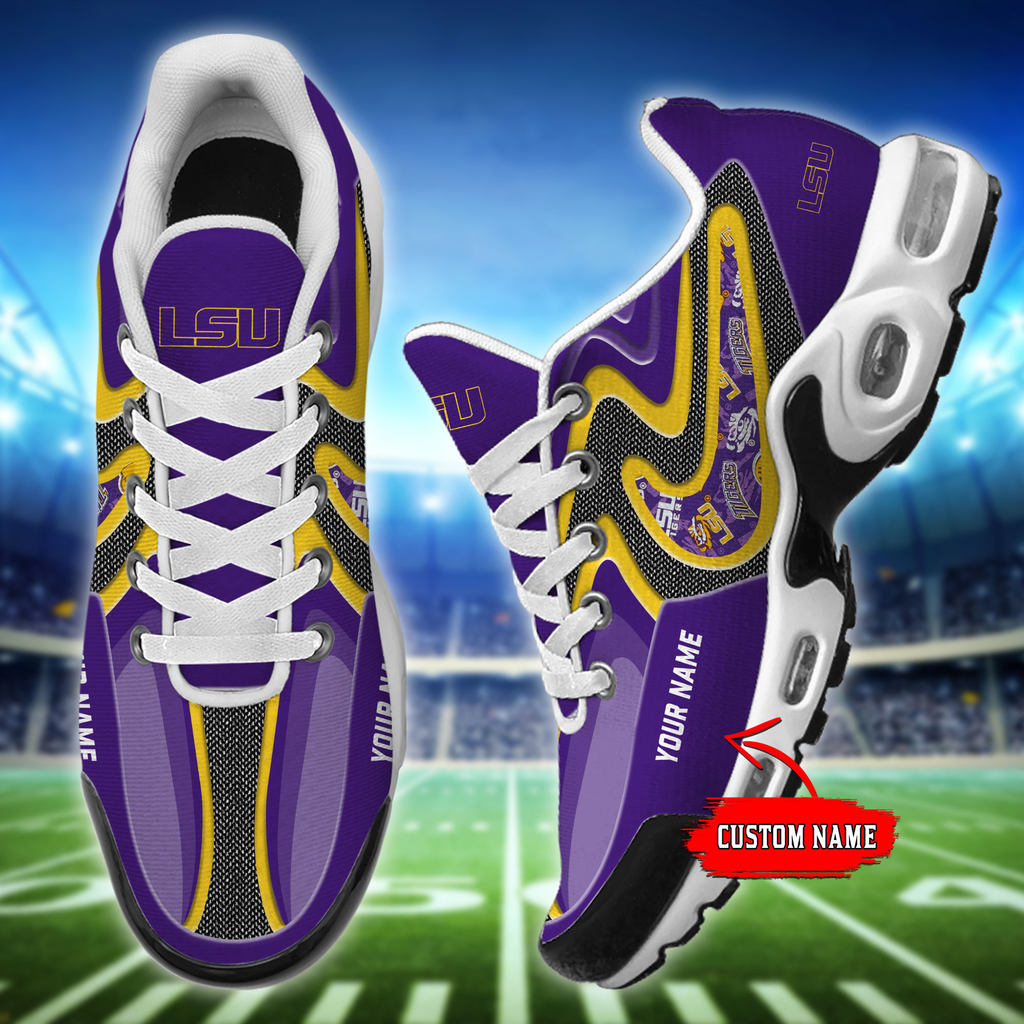 LSU Tigers Personalized Name Team Checkmark Logo Mix Colors Stitch Line TN Shoes Air Cushion Sneakers