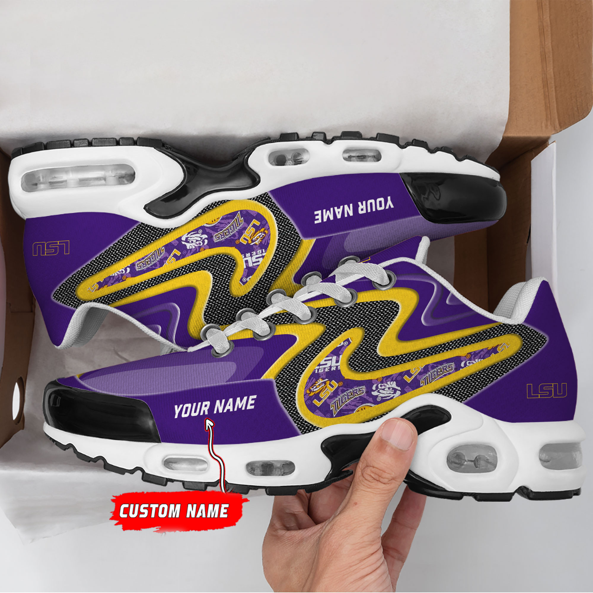 LSU Tigers Personalized Name Team Checkmark Logo Mix Colors Stitch Line TN Shoes Air Cushion Sneakers
