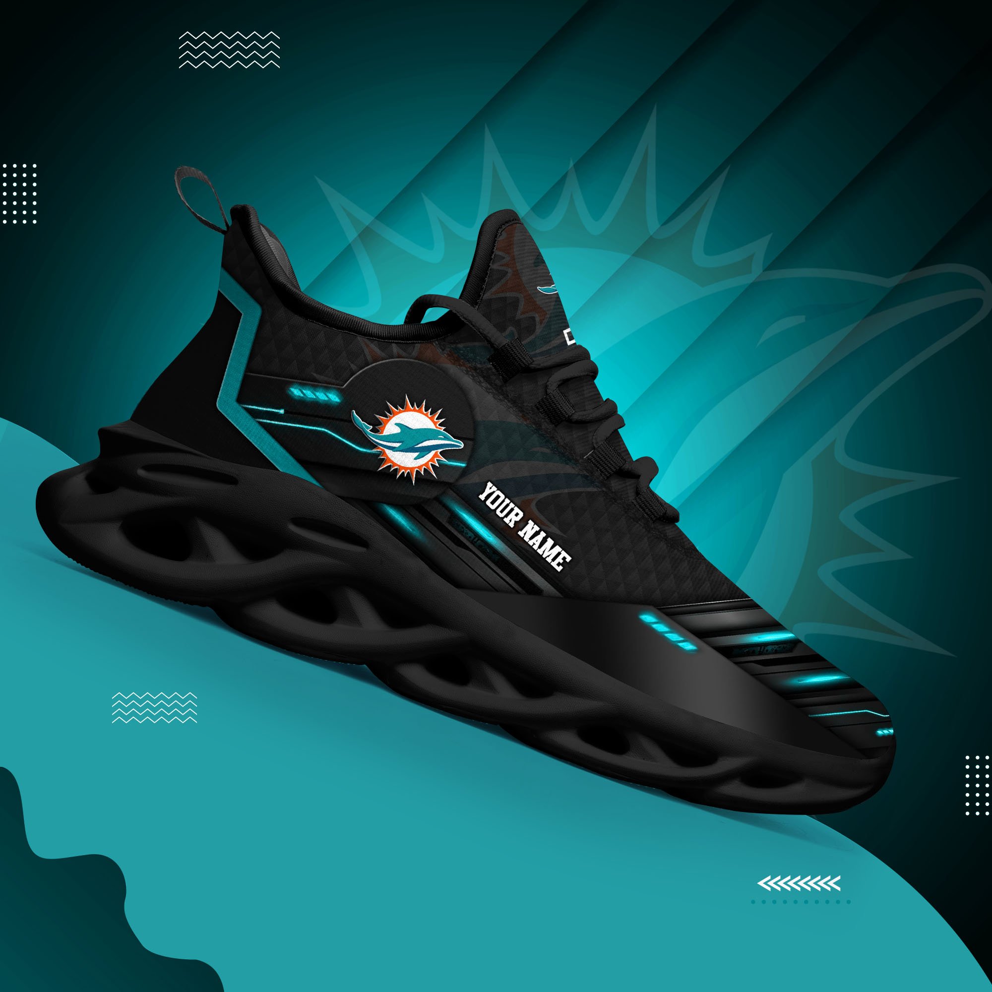 Miami Dolphins Black Clunky Sneaker Custom Name, Max Soul Shoes, Sport Gifts For Fan