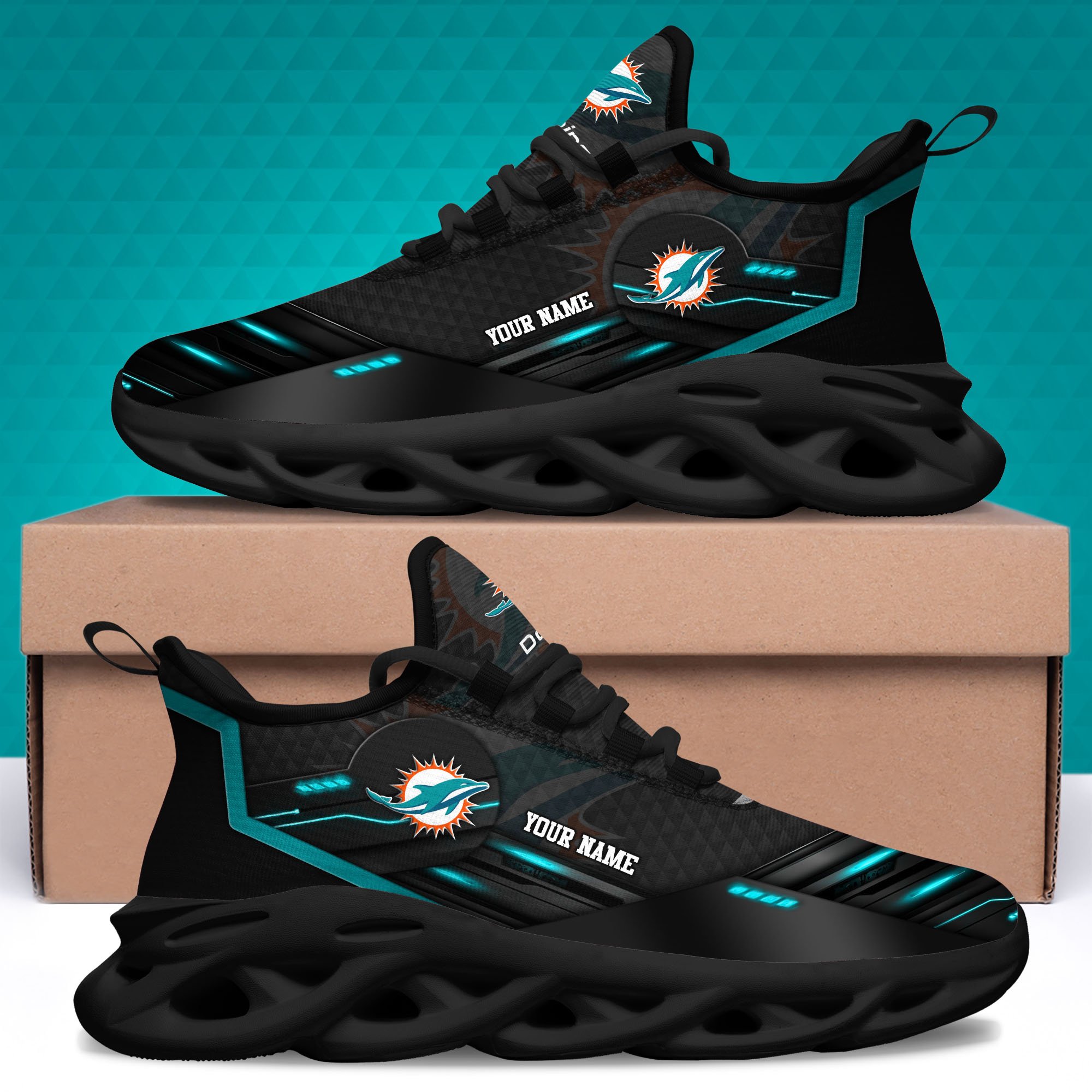 Miami Dolphins Black Clunky Sneaker Custom Name, Max Soul Shoes, Sport Gifts For Fan