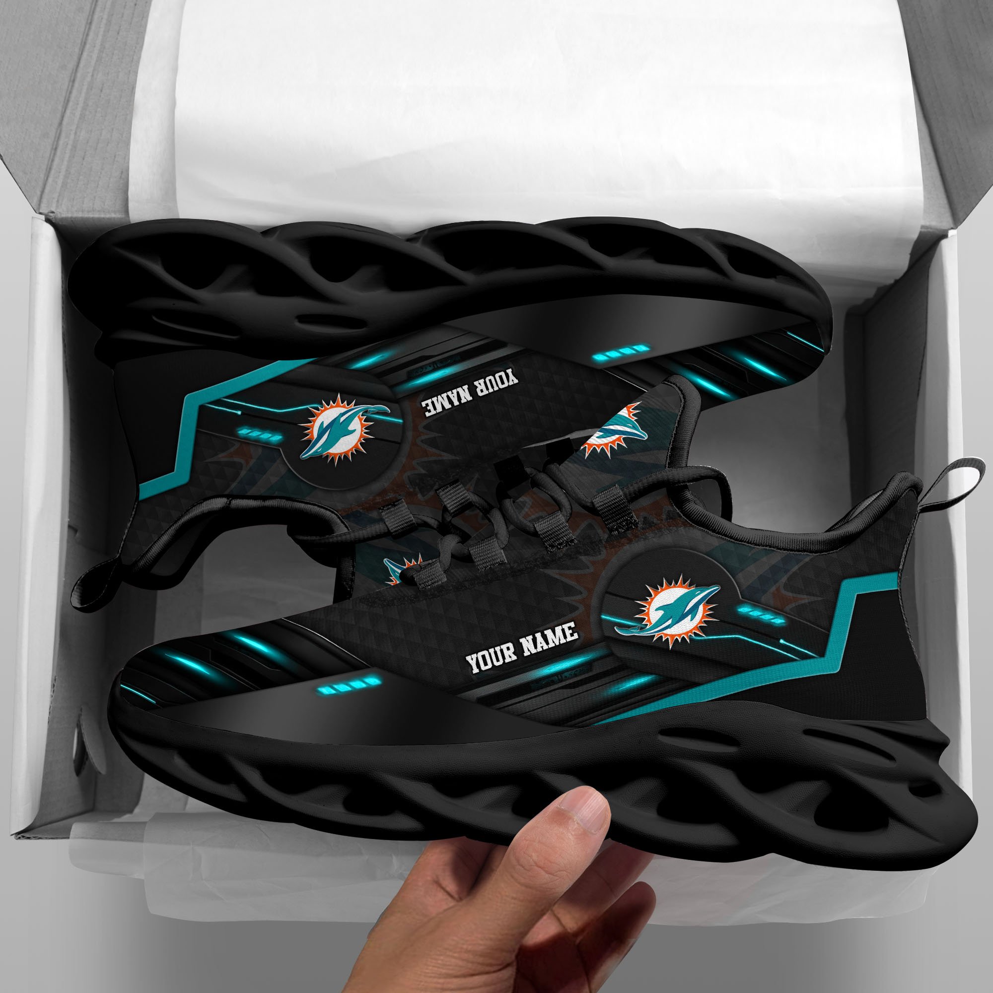 Miami Dolphins Black Clunky Sneaker Custom Name, Max Soul Shoes, Sport Gifts For Fan