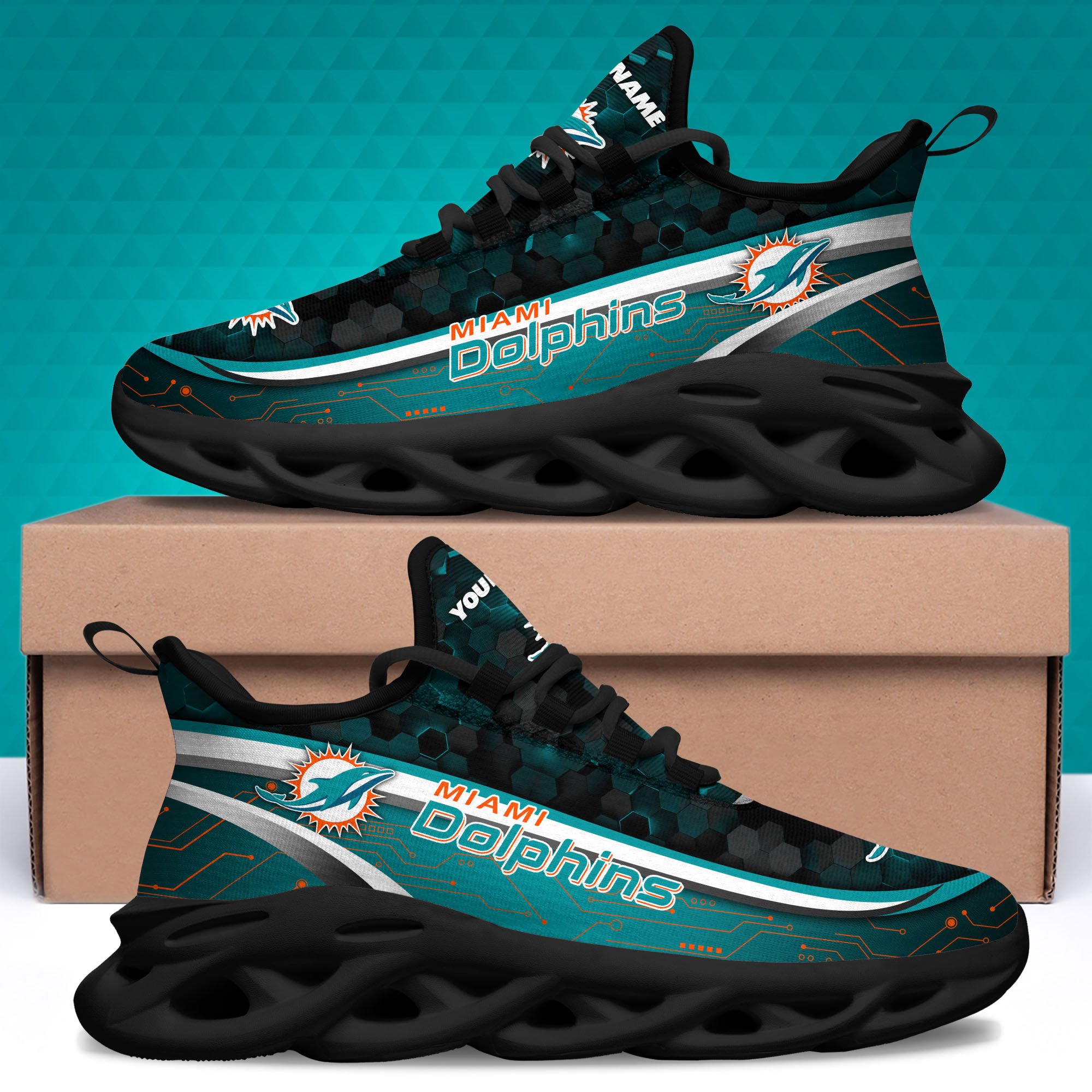 Miami Dolphins Black Clunky Sneakers Custom Name, Max Soul Shoes, Sport Gifts