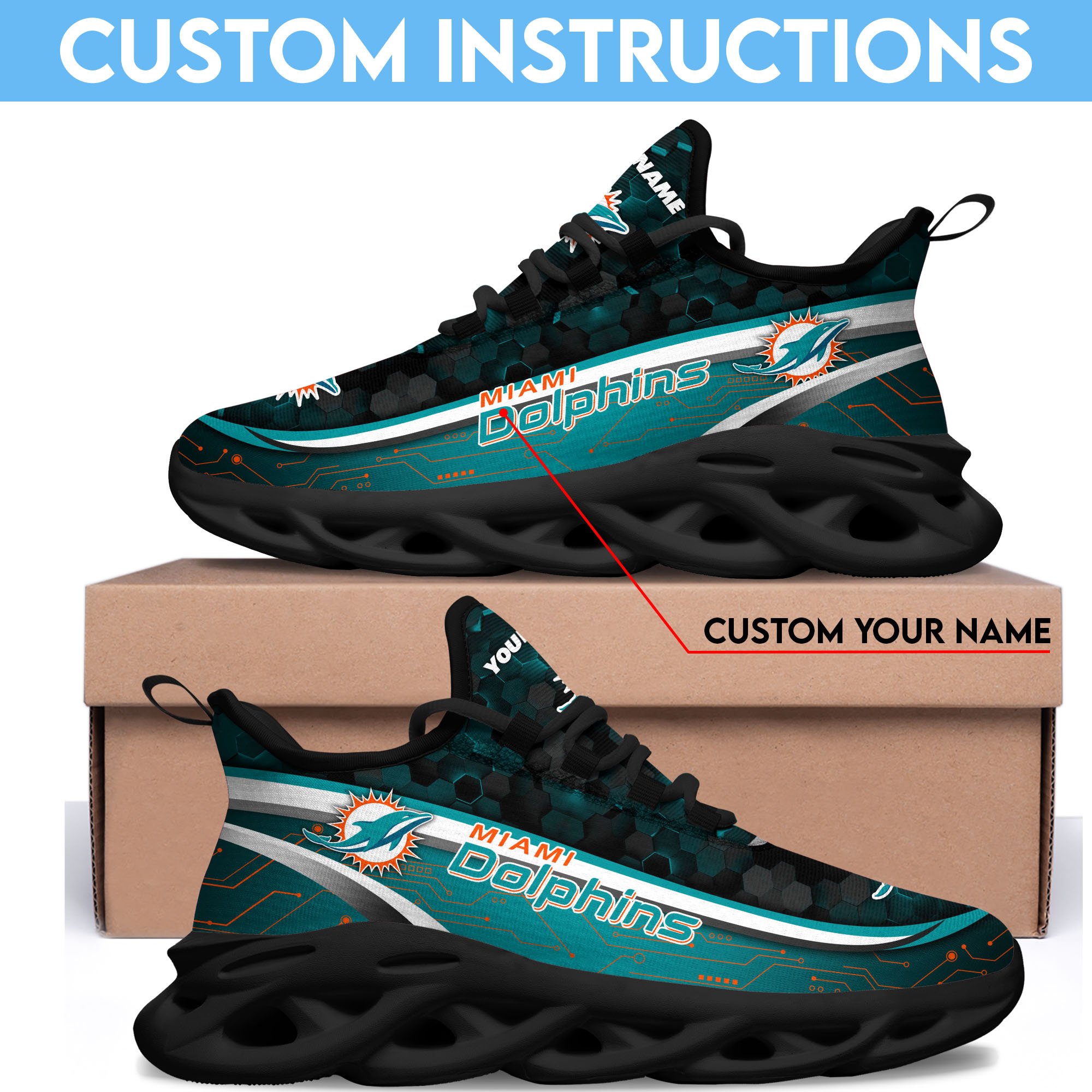 Miami Dolphins Black Clunky Sneakers Custom Name, Max Soul Shoes, Sport Gifts
