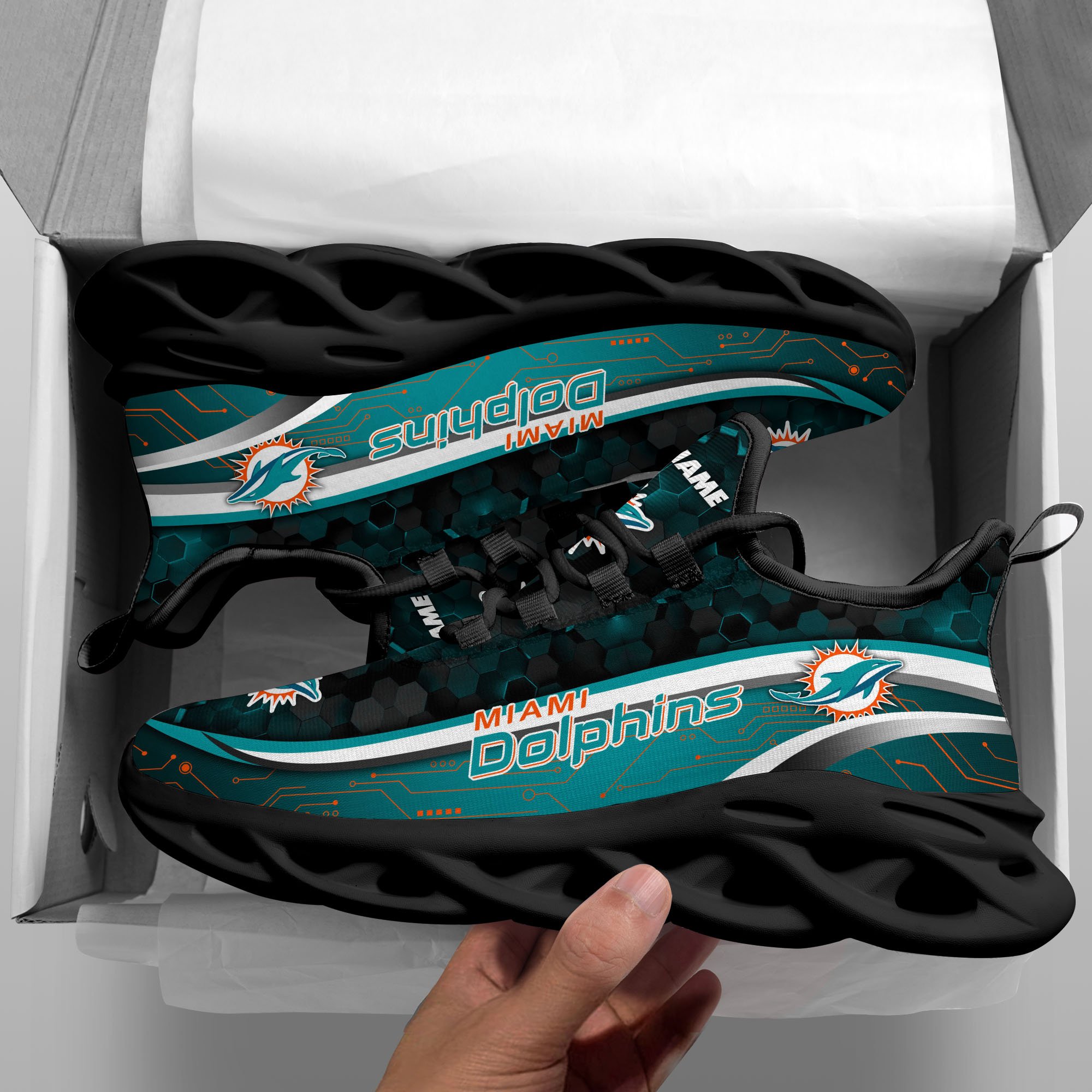 Miami Dolphins Black Clunky Sneakers Custom Name, Max Soul Shoes, Sport Gifts
