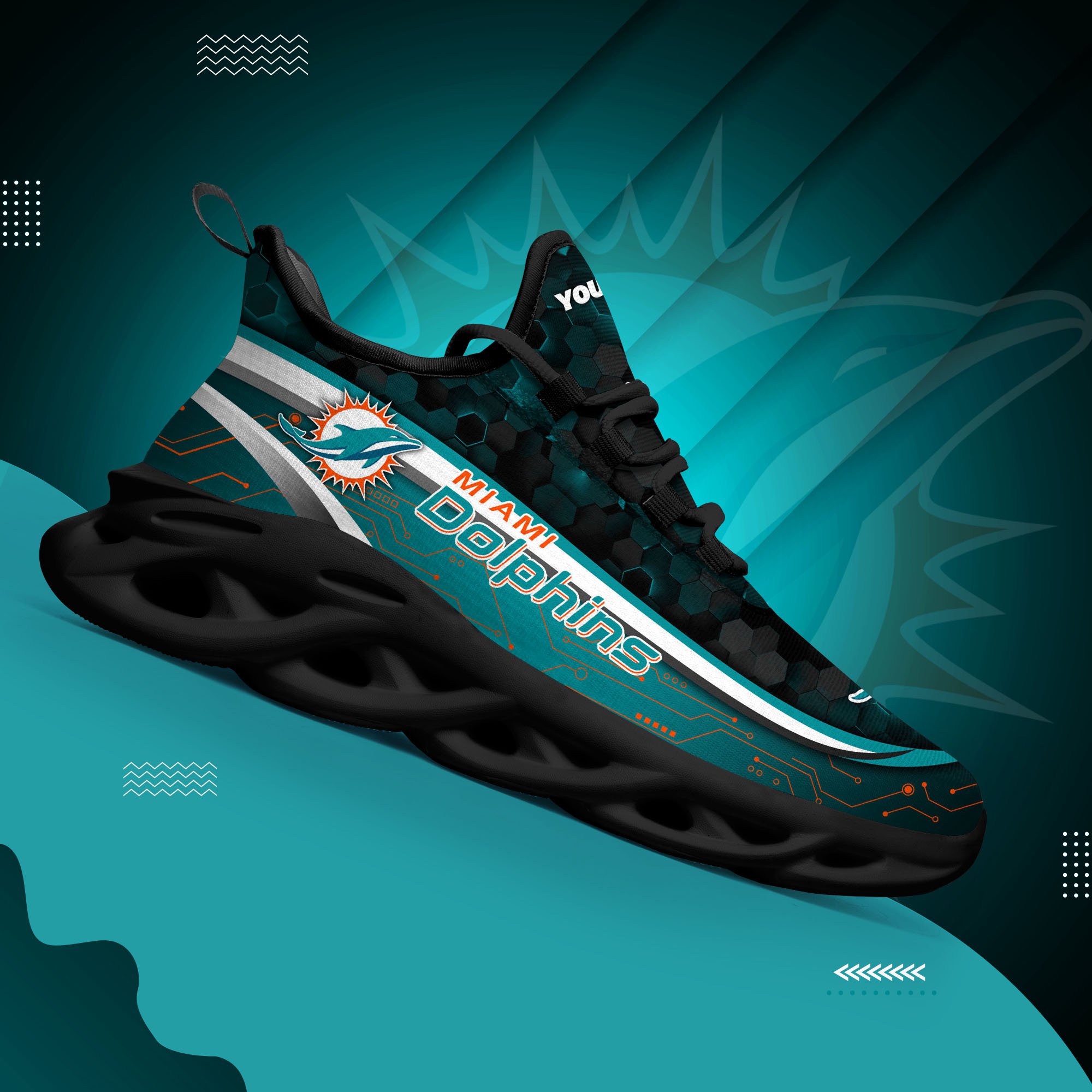 Miami Dolphins Black Clunky Sneakers Custom Name, Max Soul Shoes, Sport Gifts