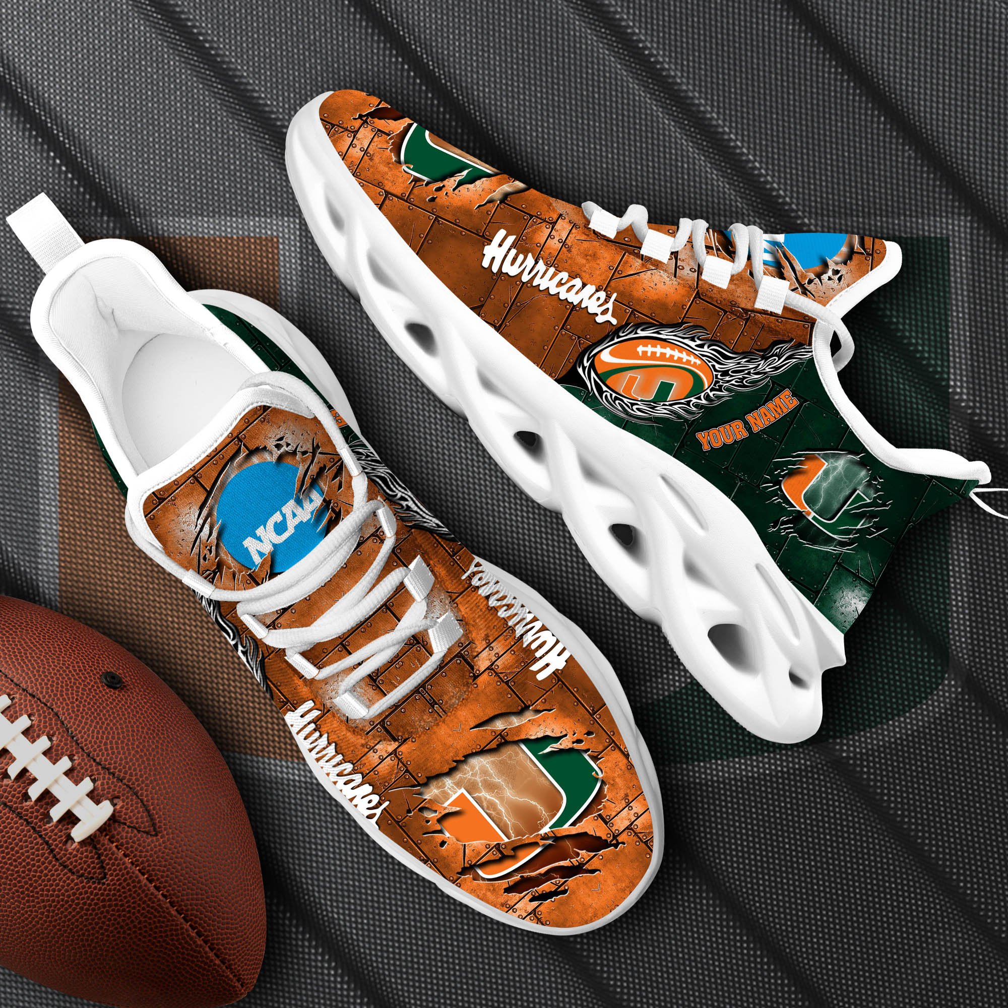 Miami Hurricanes Black Max Soul Shoes 2025 Versions, White Max Soul Shoes Custom Your Name PH879
