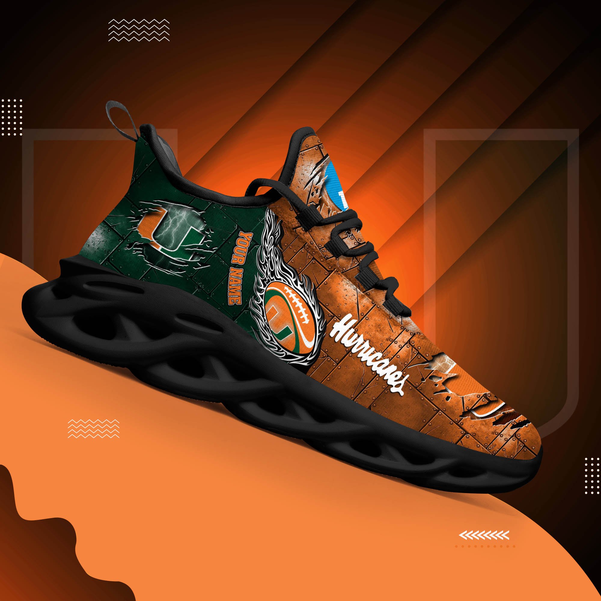 Miami Hurricanes Black Max Soul Shoes 2025 Versions, White Max Soul Shoes Custom Your Name PH879