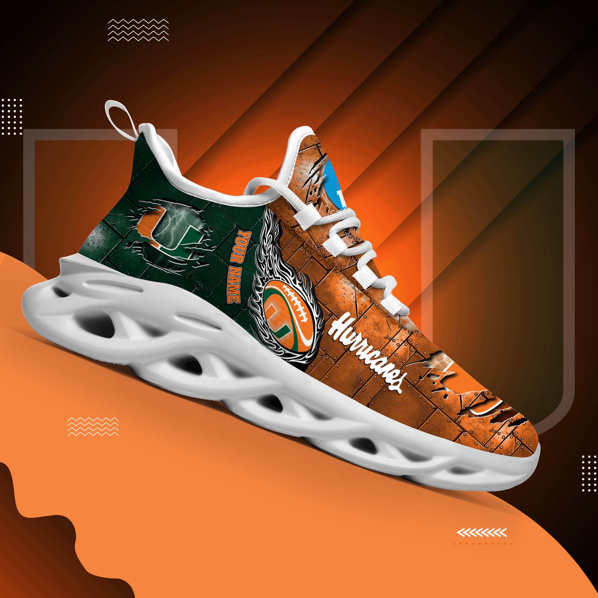 Miami Hurricanes Black Max Soul Shoes 2025 Versions, White Max Soul Shoes Custom Your Name PH879
