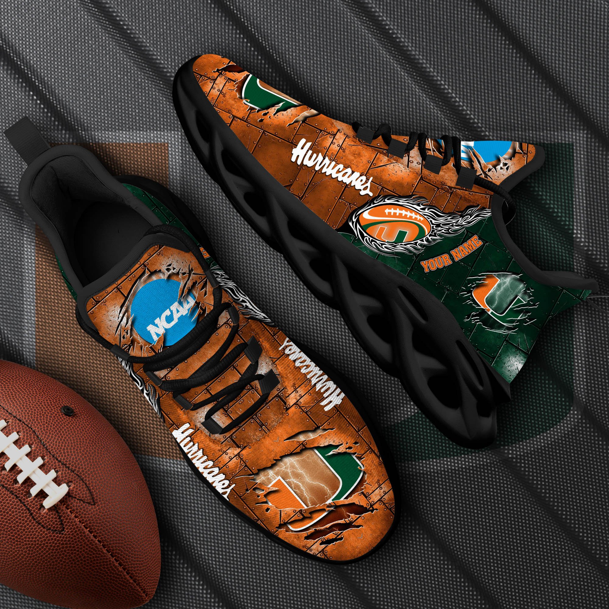 Miami Hurricanes Black Max Soul Shoes 2025 Versions, White Max Soul Shoes Custom Your Name PH879