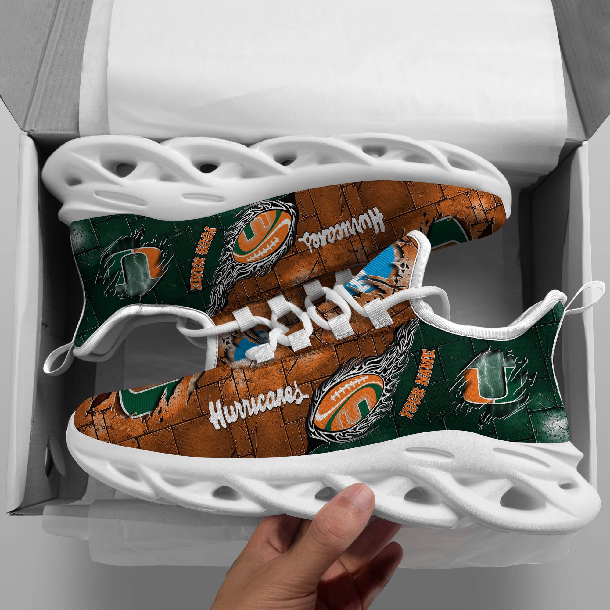 Miami Hurricanes Black Max Soul Shoes 2025 Versions, White Max Soul Shoes Custom Your Name PH879