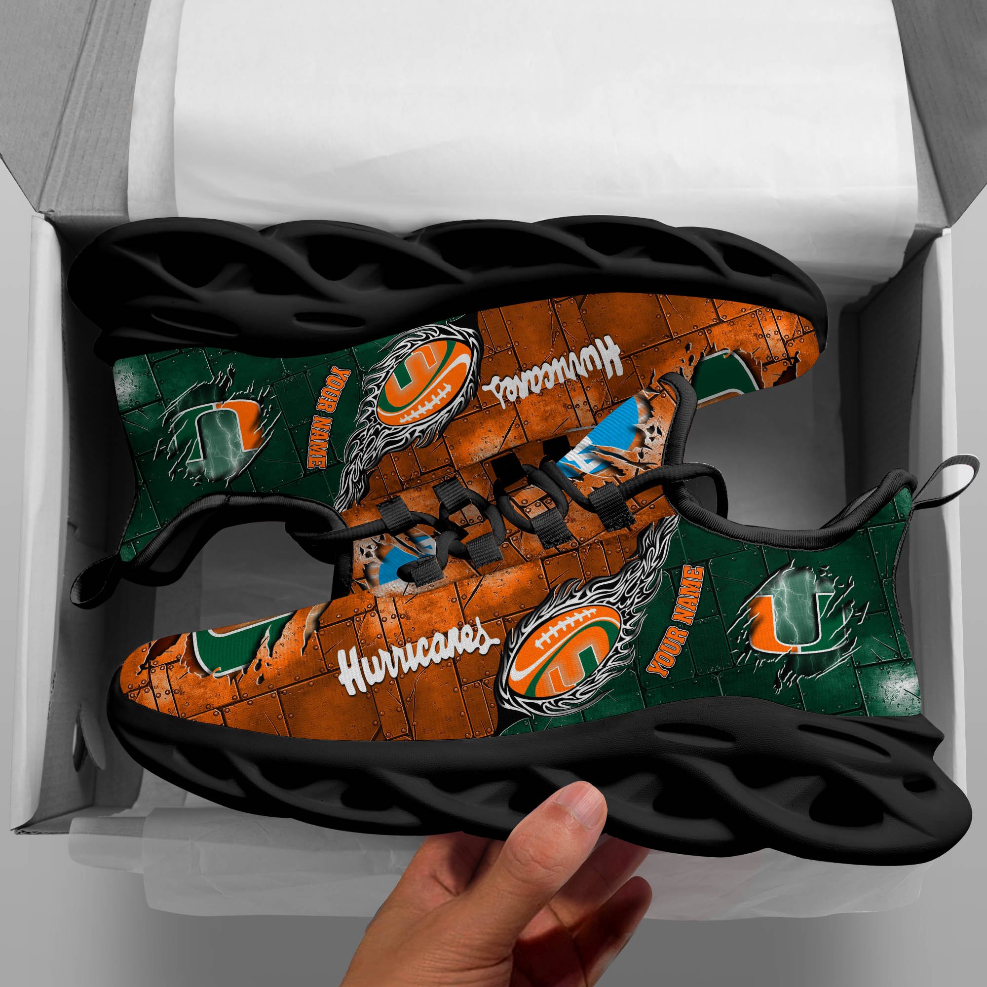 Miami Hurricanes Black Max Soul Shoes 2025 Versions, White Max Soul Shoes Custom Your Name PH879