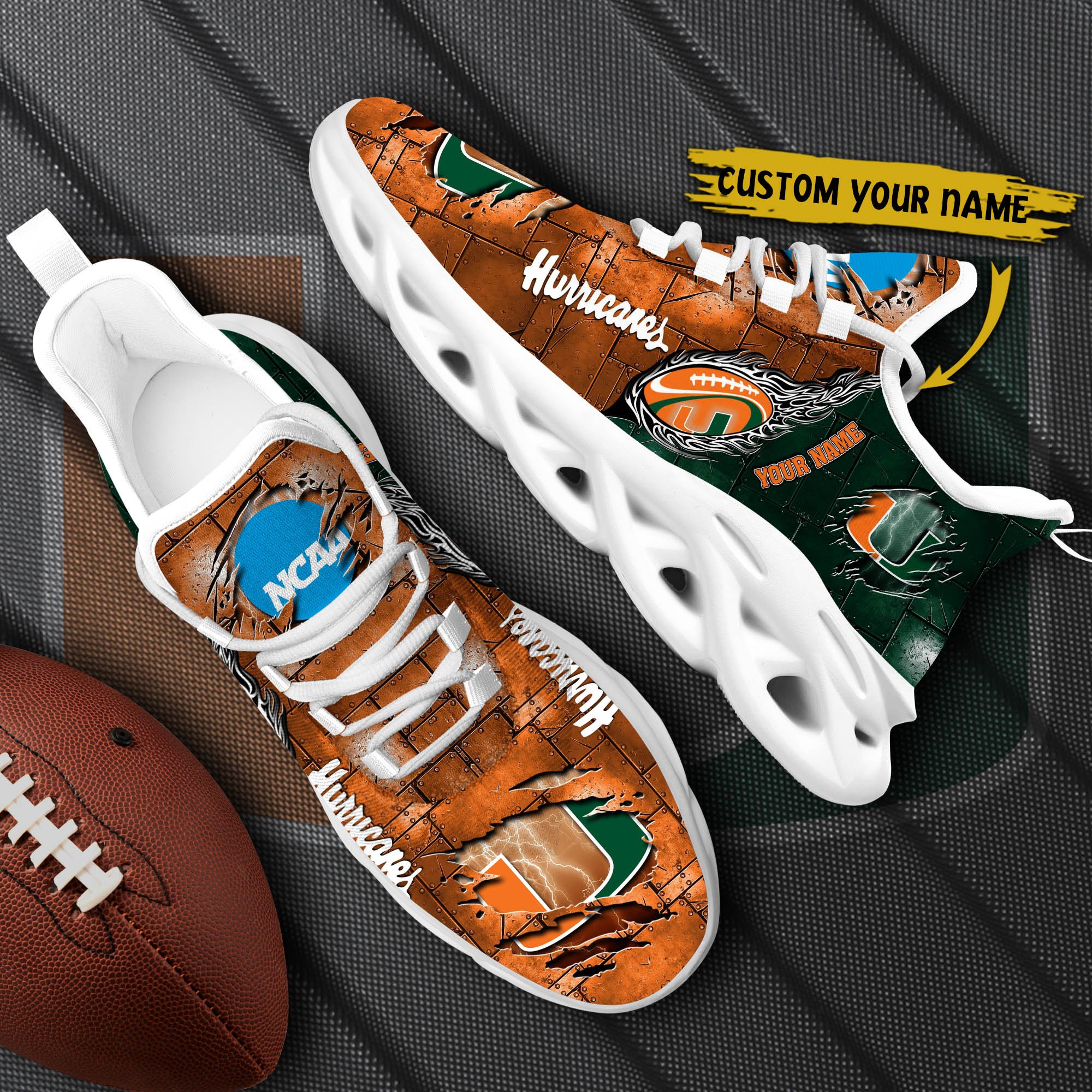 Miami Hurricanes Black Max Soul Shoes 2025 Versions, White Max Soul Shoes Custom Your Name PH879