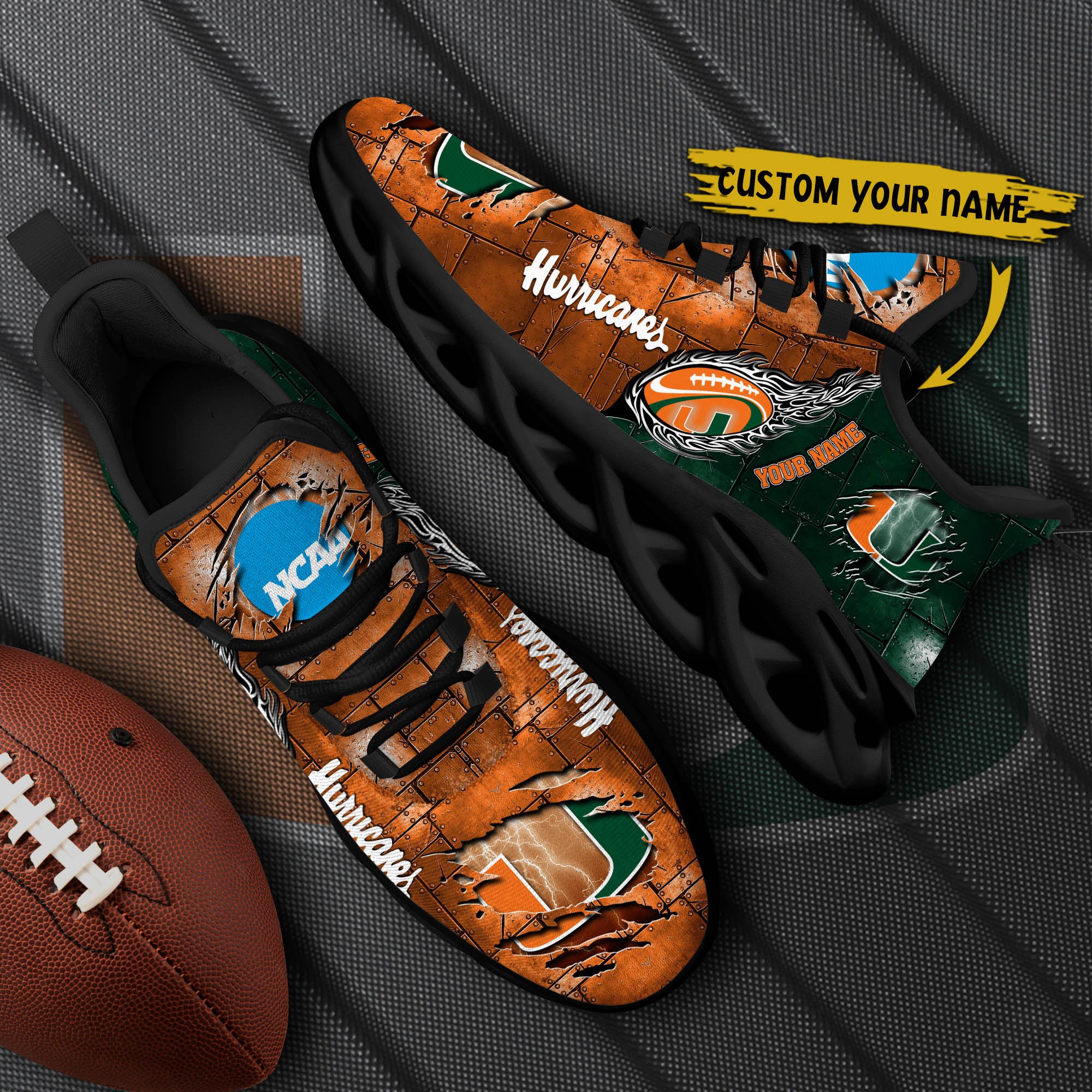 Miami Hurricanes Black Max Soul Shoes 2025 Versions, White Max Soul Shoes Custom Your Name PH879