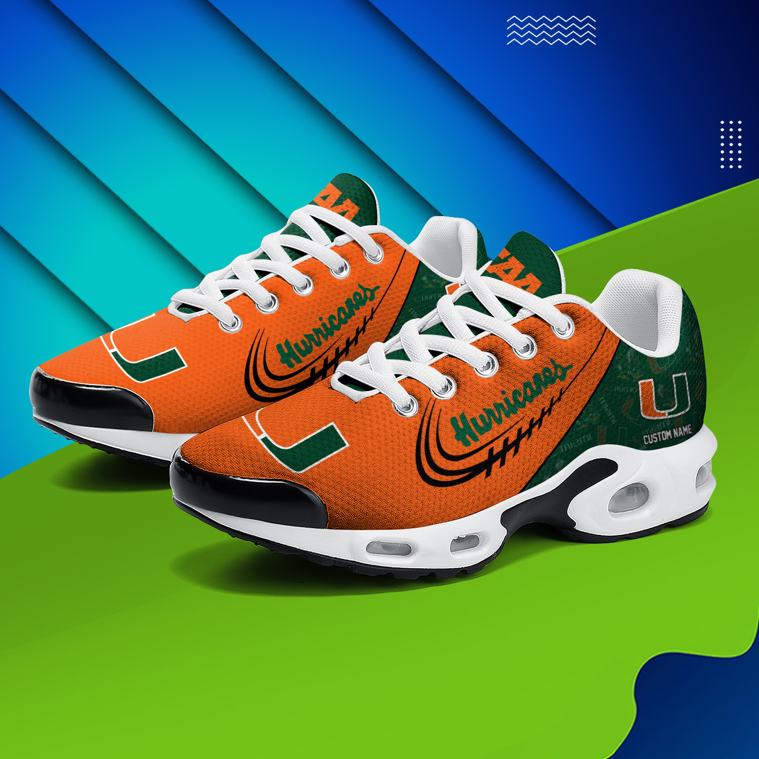 Miami Hurricanes Personalized Name Team Logo Mix Colors Stitch Line TN Air Max Shoes Air Cushion Sneakers